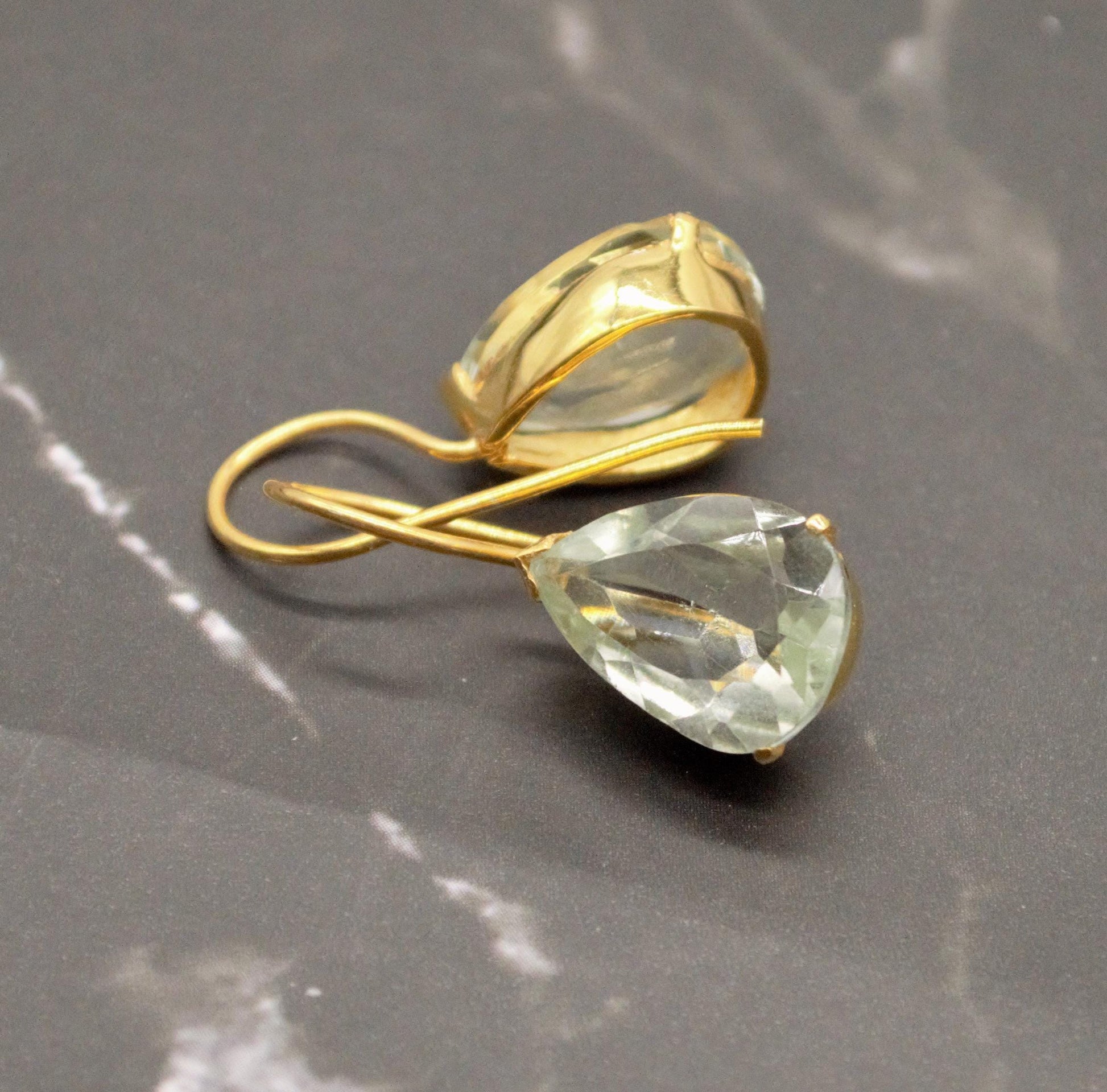 Green Amethyst Gold Earrings, Gold Plated Sterling Silver, February Birthstone Jewelry, Drop Earrings, Gemstone Dangle, Friend Birthday Gift