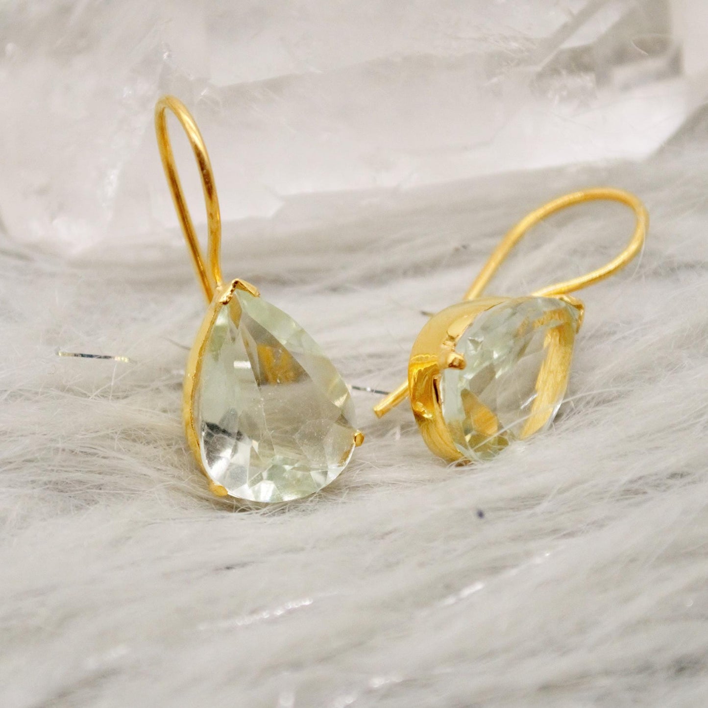 Green Amethyst Gold Earrings, Gold Plated Sterling Silver, February Birthstone Jewelry, Drop Earrings, Gemstone Dangle, Friend Birthday Gift