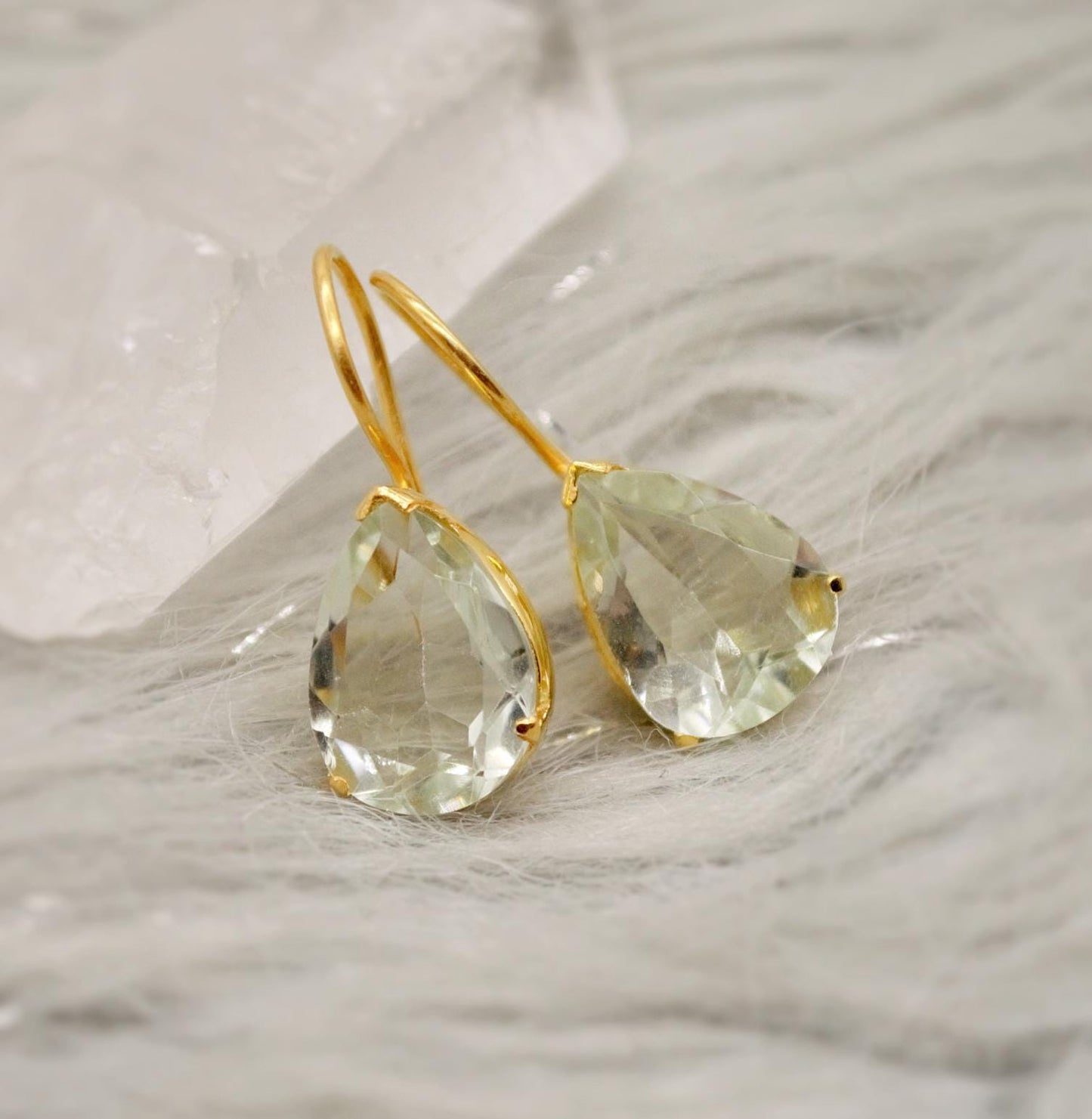 Green Amethyst Gold Earrings, Gold Plated Sterling Silver, February Birthstone Jewelry, Drop Earrings, Gemstone Dangle, Friend Birthday Gift