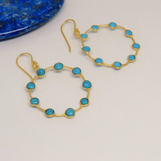 Blue Turquoise Gold Hoop Earrings, Turquoise Jewelry, December Birthstone Jewelry, Unique Gemstone Earring, Gold Plated Silver, Gift For Her