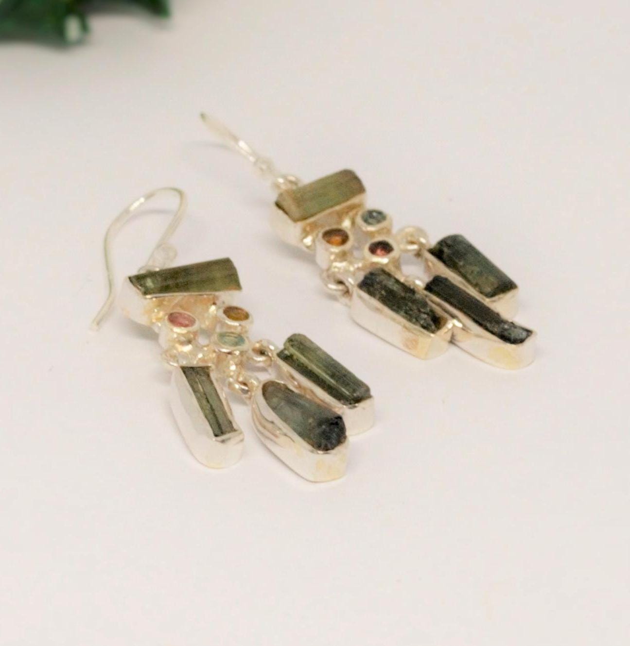 Green Tourmaline Earrings, Sterling Silver, Handmade Dangle Earrings, Mixed Tourmaline Jewelry, October Birthstone Jewelry, Birthday Gift