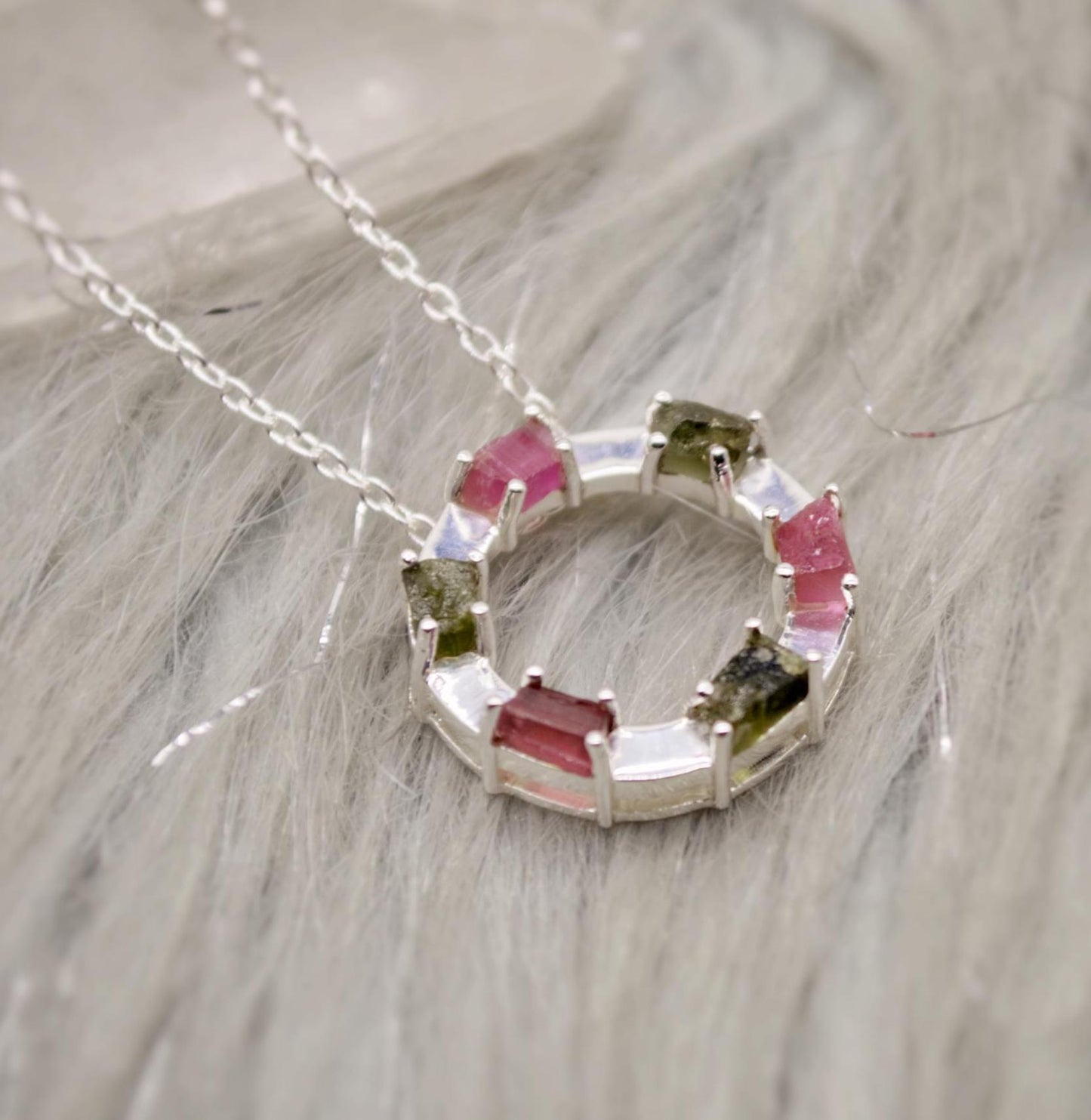 Green, Pink Tourmaline Pendant Necklace, Sterling Silver Chain Necklace, October Birthstone, Gemstone Necklace Gift For Her