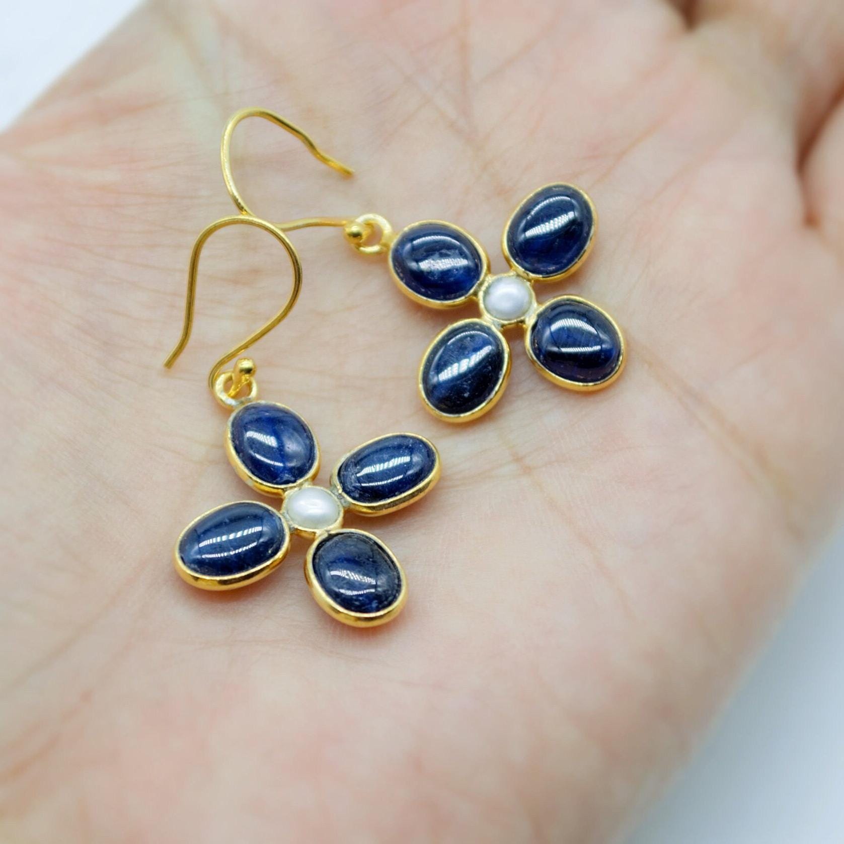 Blue Sapphire and Pearl Drop Earrings, Handmade Sterling Silver Jewelry, Stunning September Birthstone