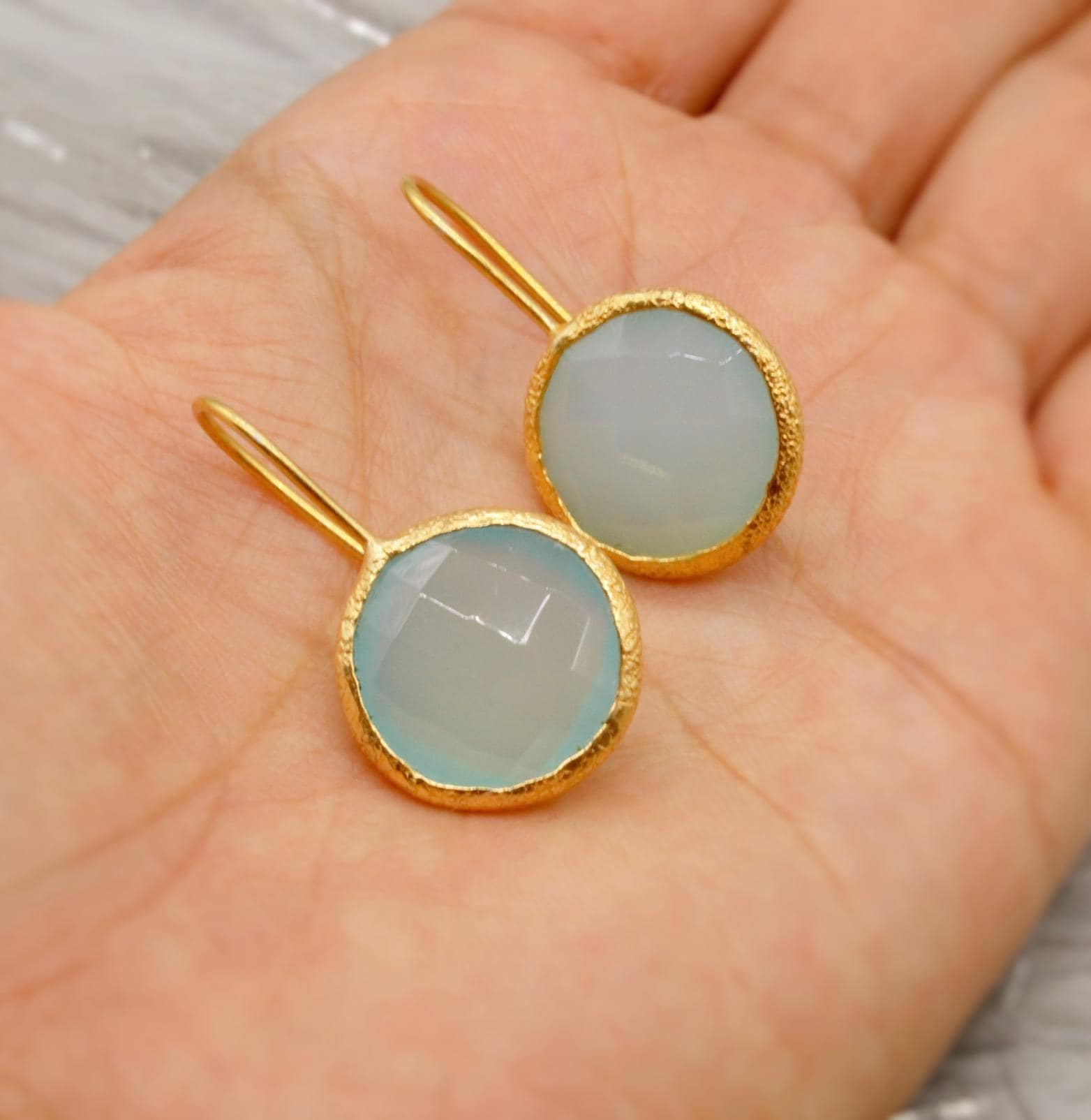 Gold Aqua Chalcedony Earrings, Blue Dangle Earrings, Chalcedony Jewelry, Gold Plated Unique Earrings, Birthday Gift For Her, Bridesmaid Gift