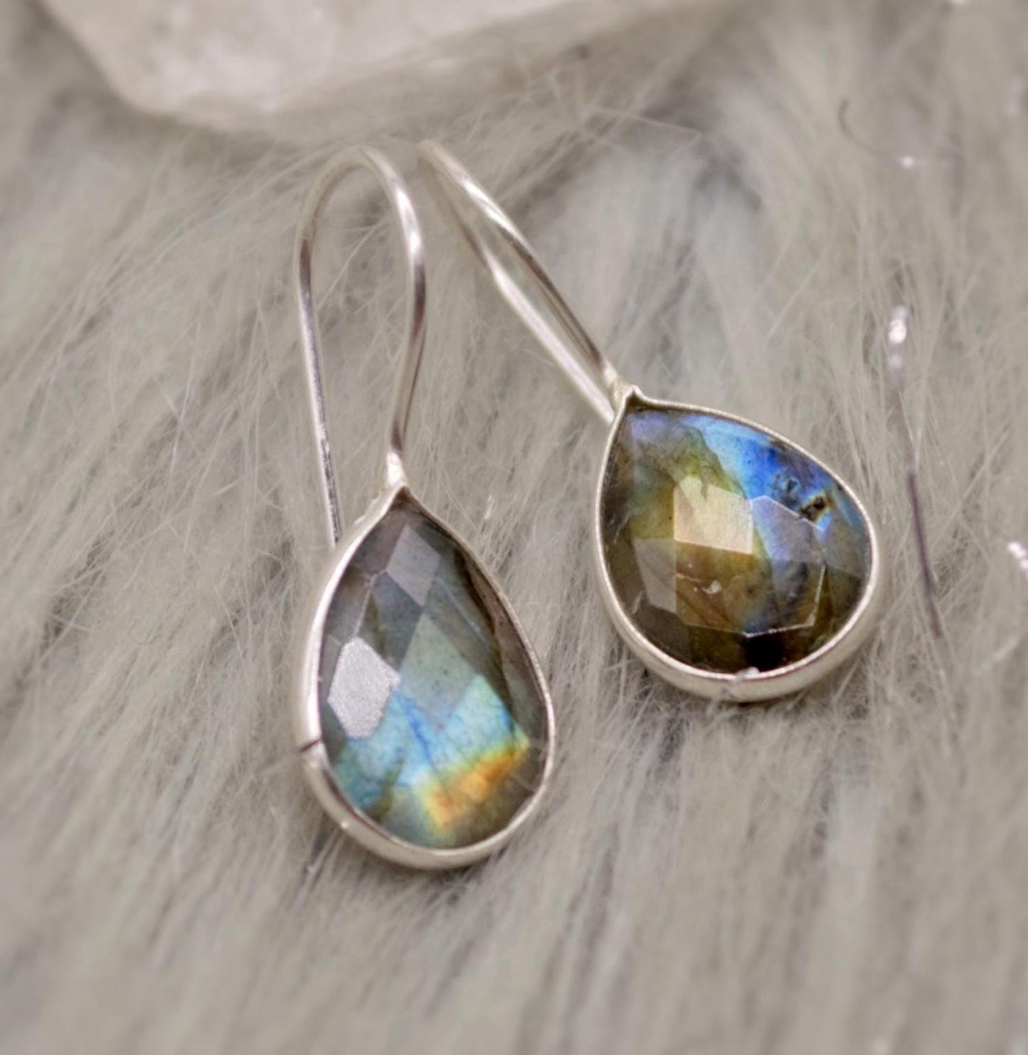 Labradorite Dangle Silver Earrings, Gold Plated Sterling Silver, Handmade Gemstone Earrings, Labradorite Stone Jewelry, Gift For Her