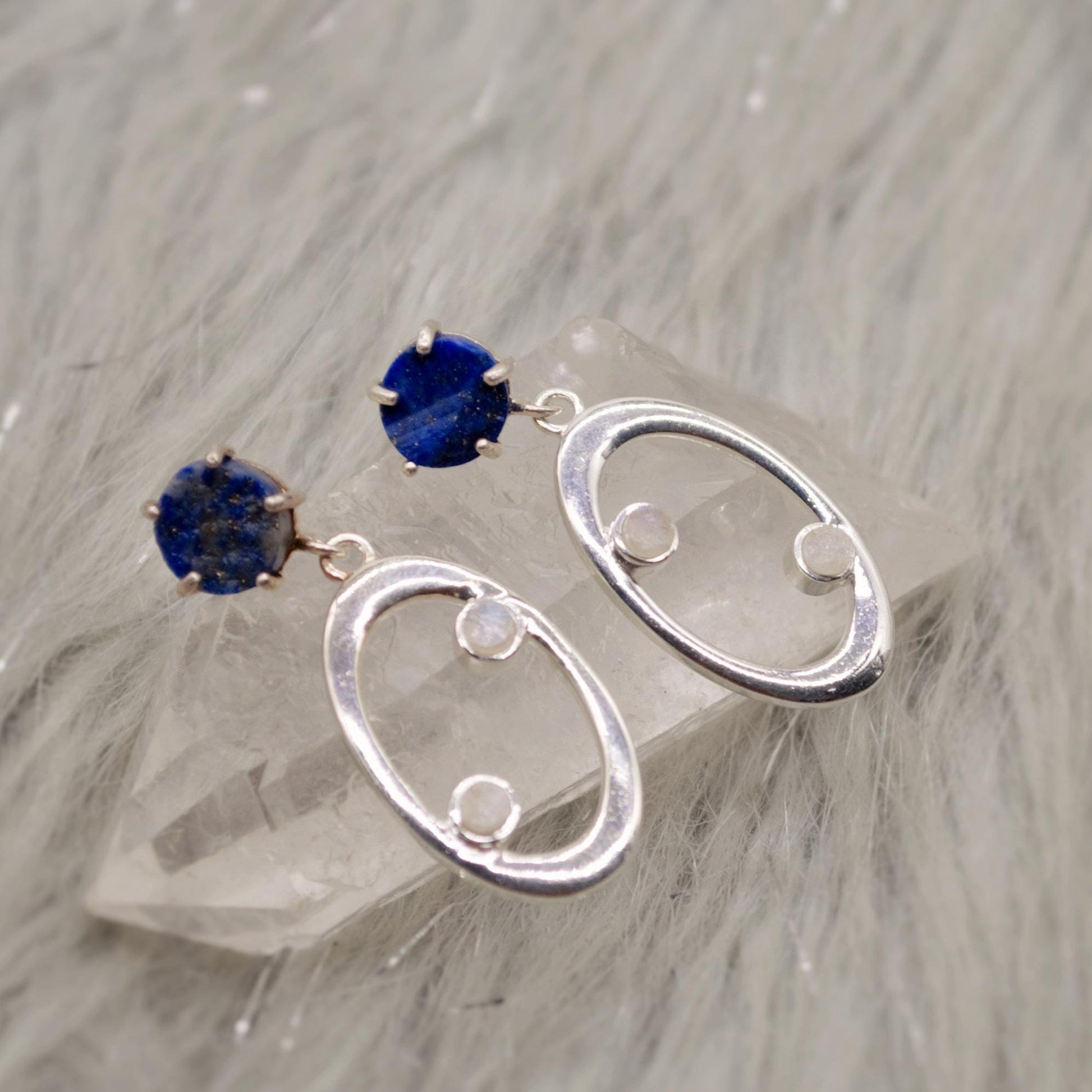 Lapis Lazuli, Moonstone Silver Earrings, June Birthstone, December Birthstone, Minimalist Blue Earrings, Sterling Silver Drop Earrings