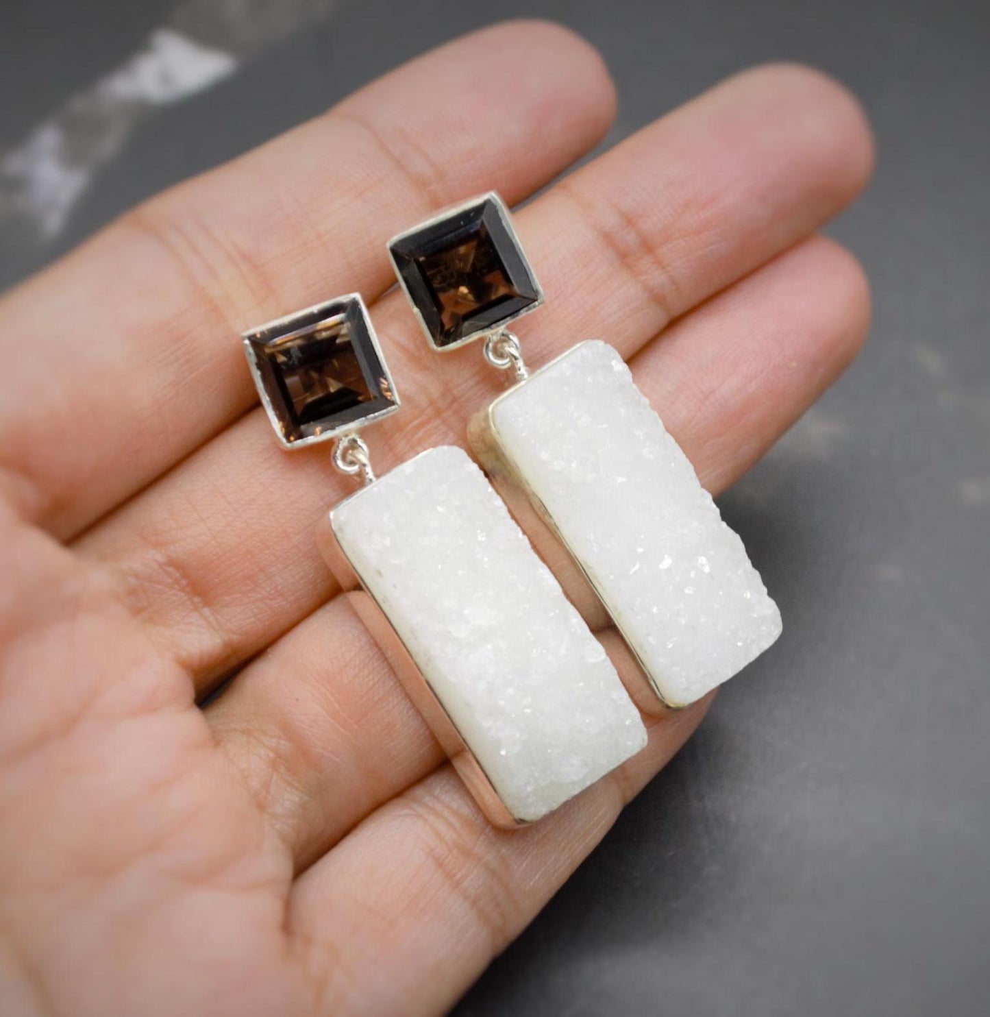 White Druzy Agate, Smoky Quartz Silver Earrings, Unique Handmade Gemstone Drop Earrings