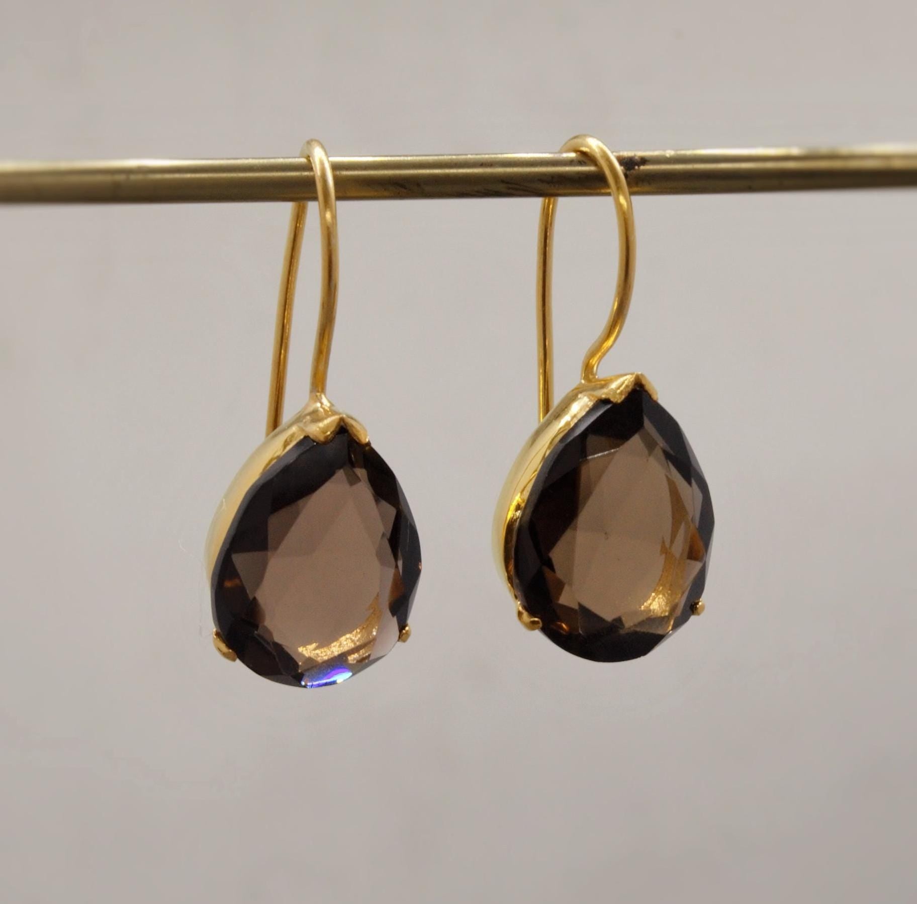 Smokey Quartz Gold Earrings, Black Quartz Dangle Drop Gemstone Earrings, Smoky Quartz, Bridesmaid Gift, Birthday, Gift For Her