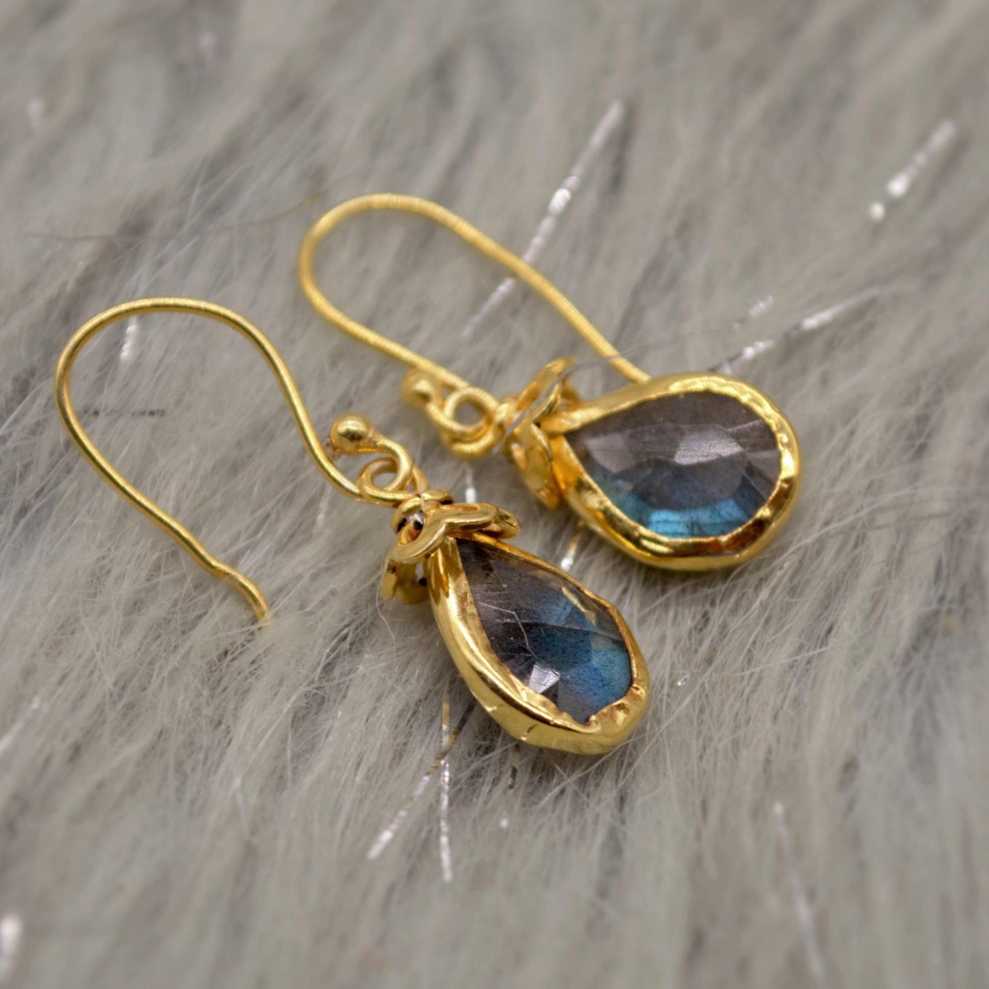 Labradorite Dangle Silver Earrings, Gold Plated Sterling Silver, Handmade Gemstone Earrings, Labradorite Stone Jewelry, Gift For Her