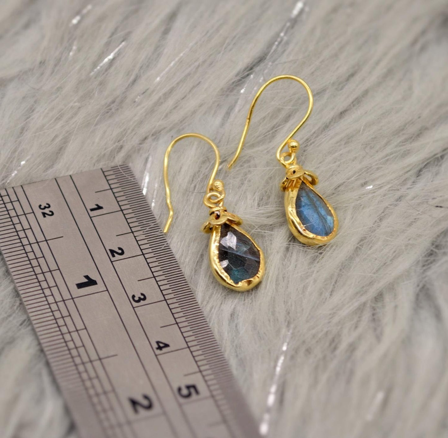 Labradorite Dangle Silver Earrings, Gold Plated Sterling Silver, Handmade Gemstone Earrings, Labradorite Stone Jewelry, Gift For Her