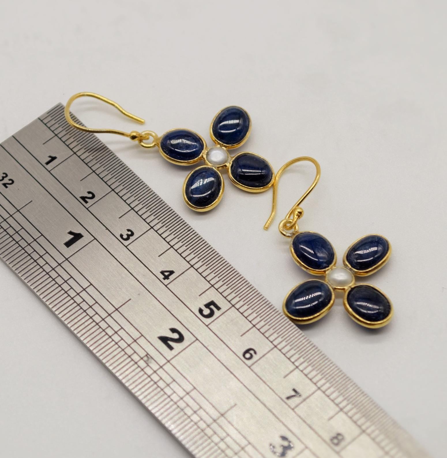 Blue Sapphire and Pearl Drop Earrings, Handmade Sterling Silver Jewelry, Stunning September Birthstone