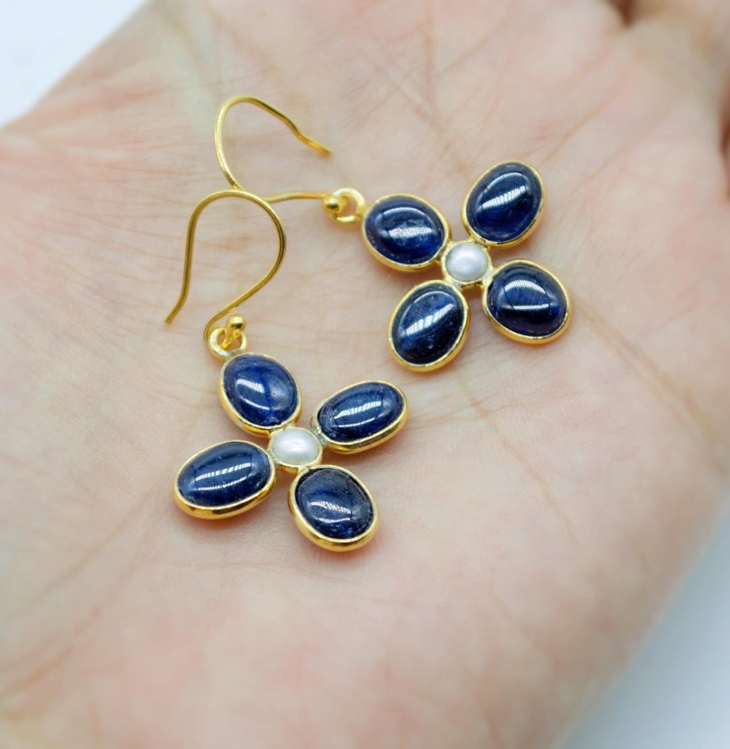 Blue Sapphire and Pearl Drop Earrings, Handmade Sterling Silver Jewelry, Stunning September Birthstone