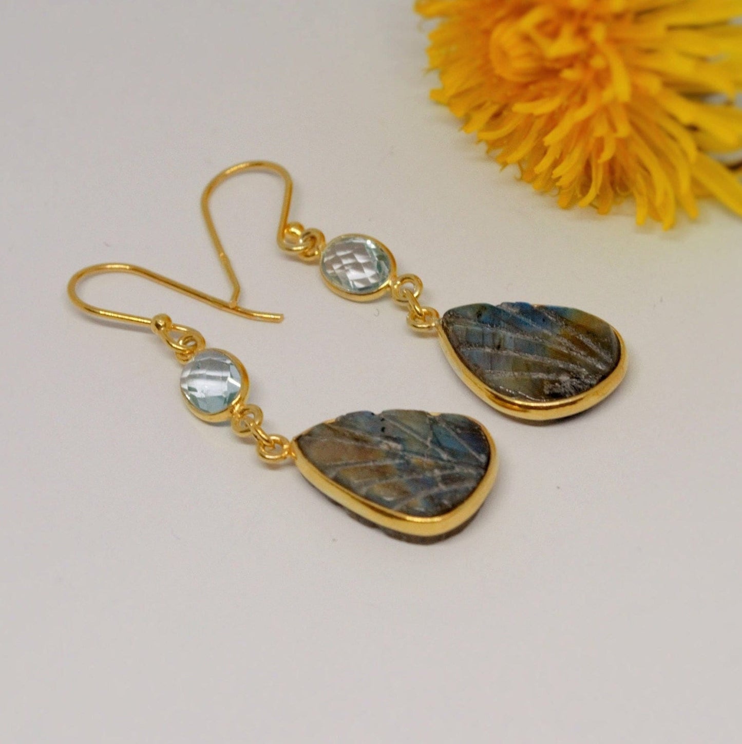 Labradorite, Blue Topaz Earrings, Dangle Gemstone Earrings, Unique Gold Plated Sterling Silver Earrings, December Birthstone, Gift For Her