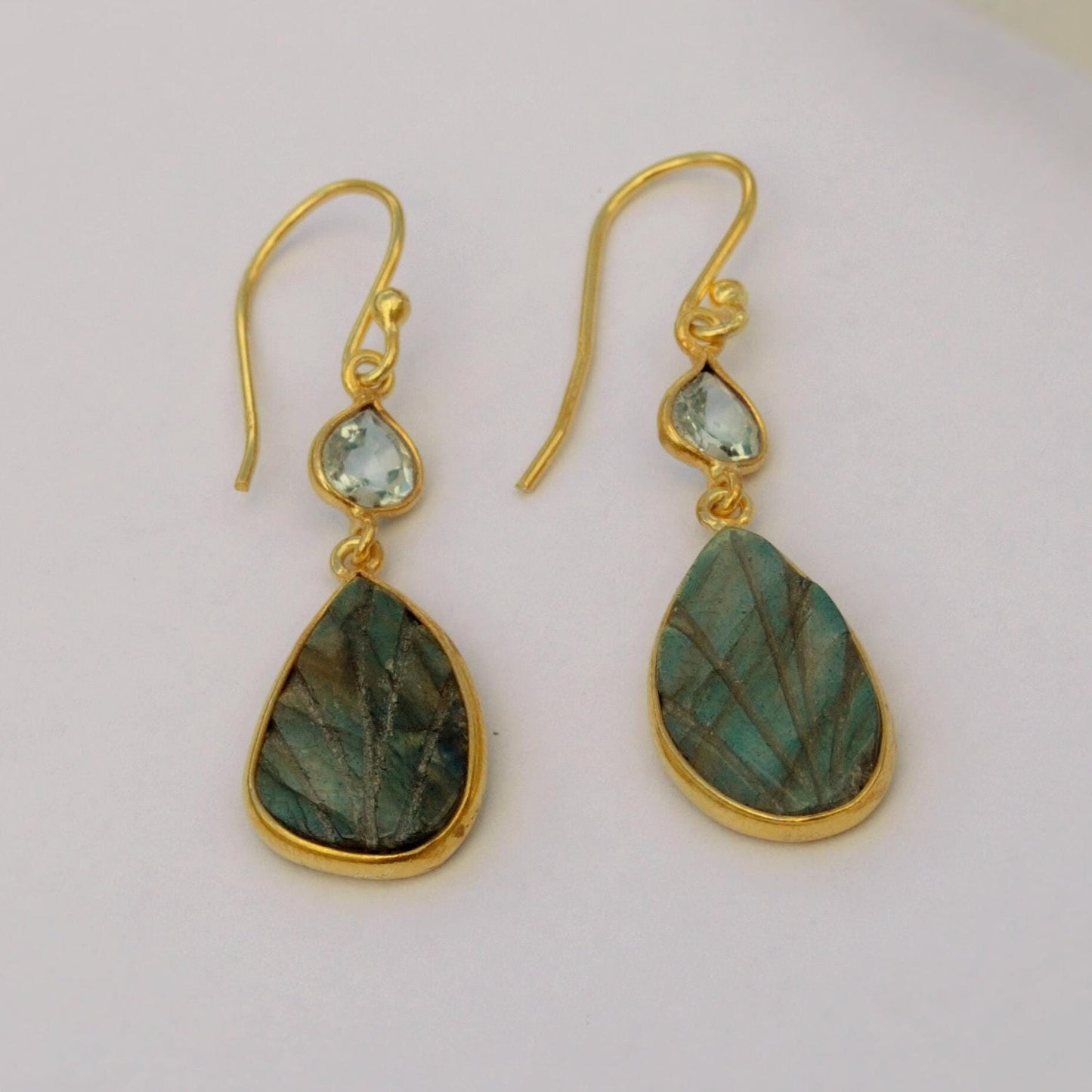 Labradorite, Blue Topaz Earrings, Dangle Gemstone Earrings, Unique Gold Plated Sterling Silver Earrings, December Birthstone, Gift For Her