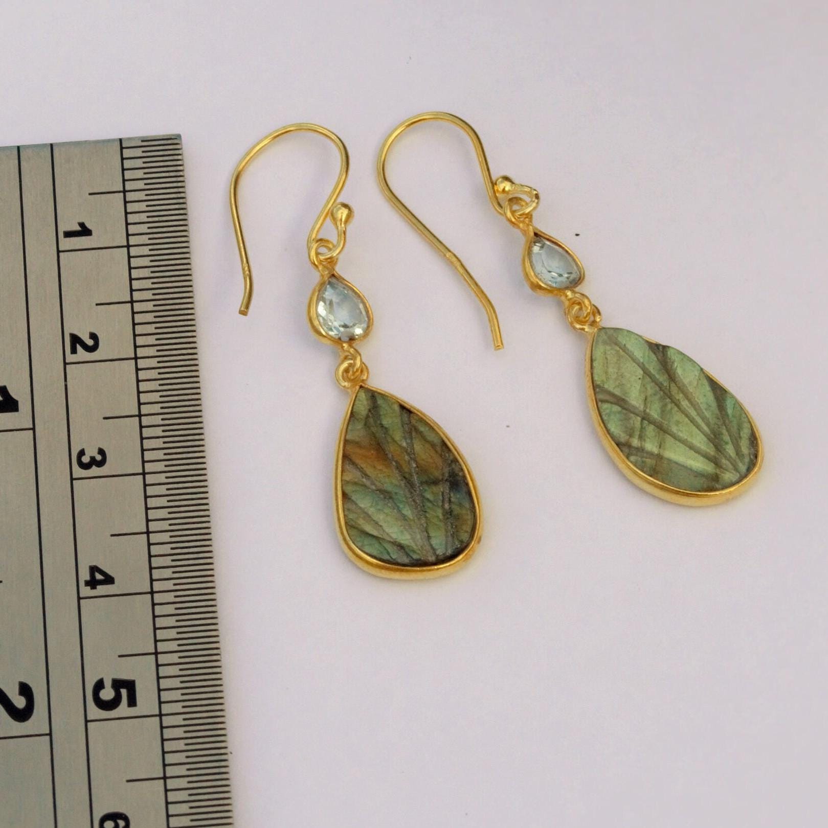 Labradorite, Blue Topaz Earrings, Dangle Gemstone Earrings, Unique Gold Plated Sterling Silver Earrings, December Birthstone, Gift For Her