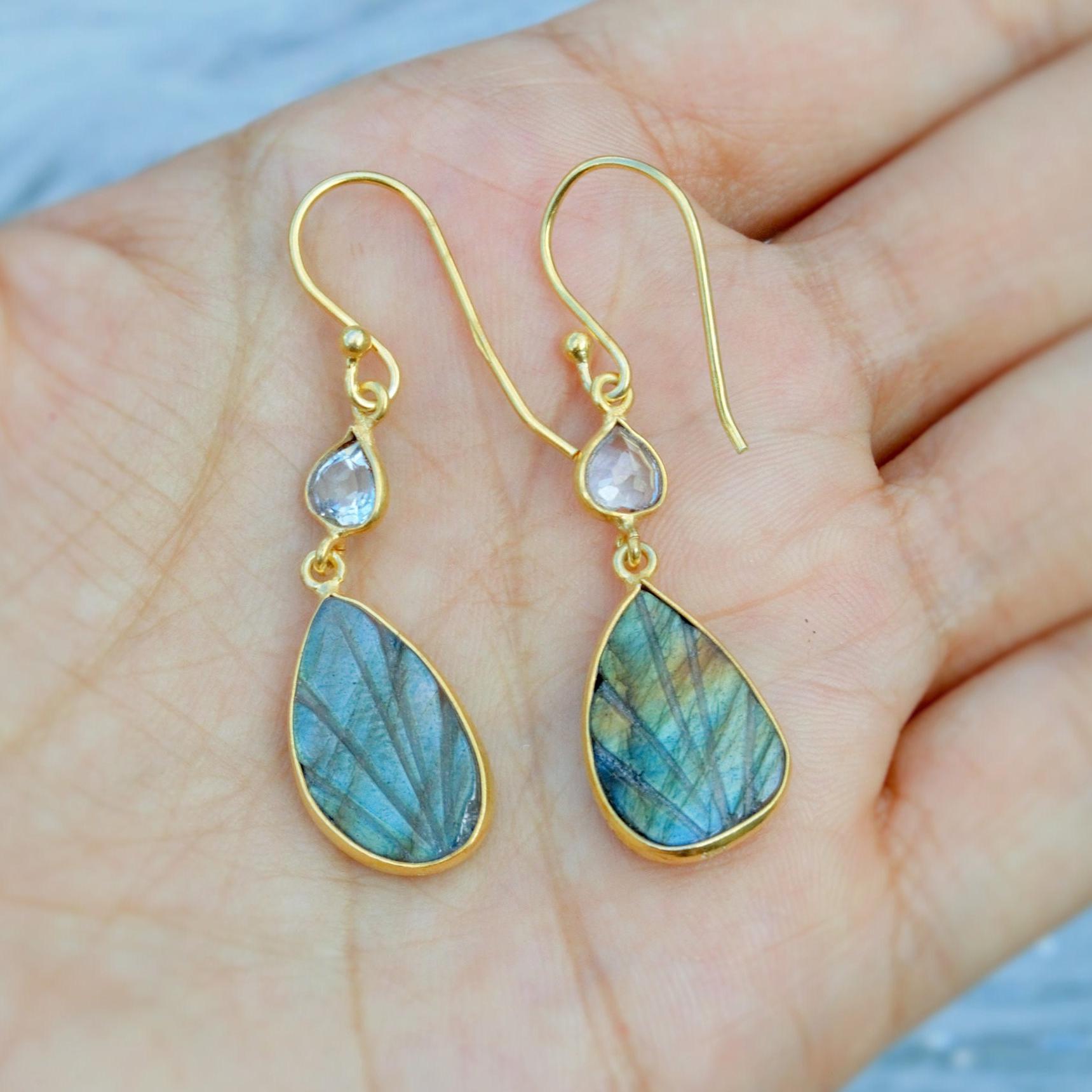 Labradorite, Blue Topaz Earrings, Dangle Gemstone Earrings, Unique Gold Plated Sterling Silver Earrings, December Birthstone, Gift For Her