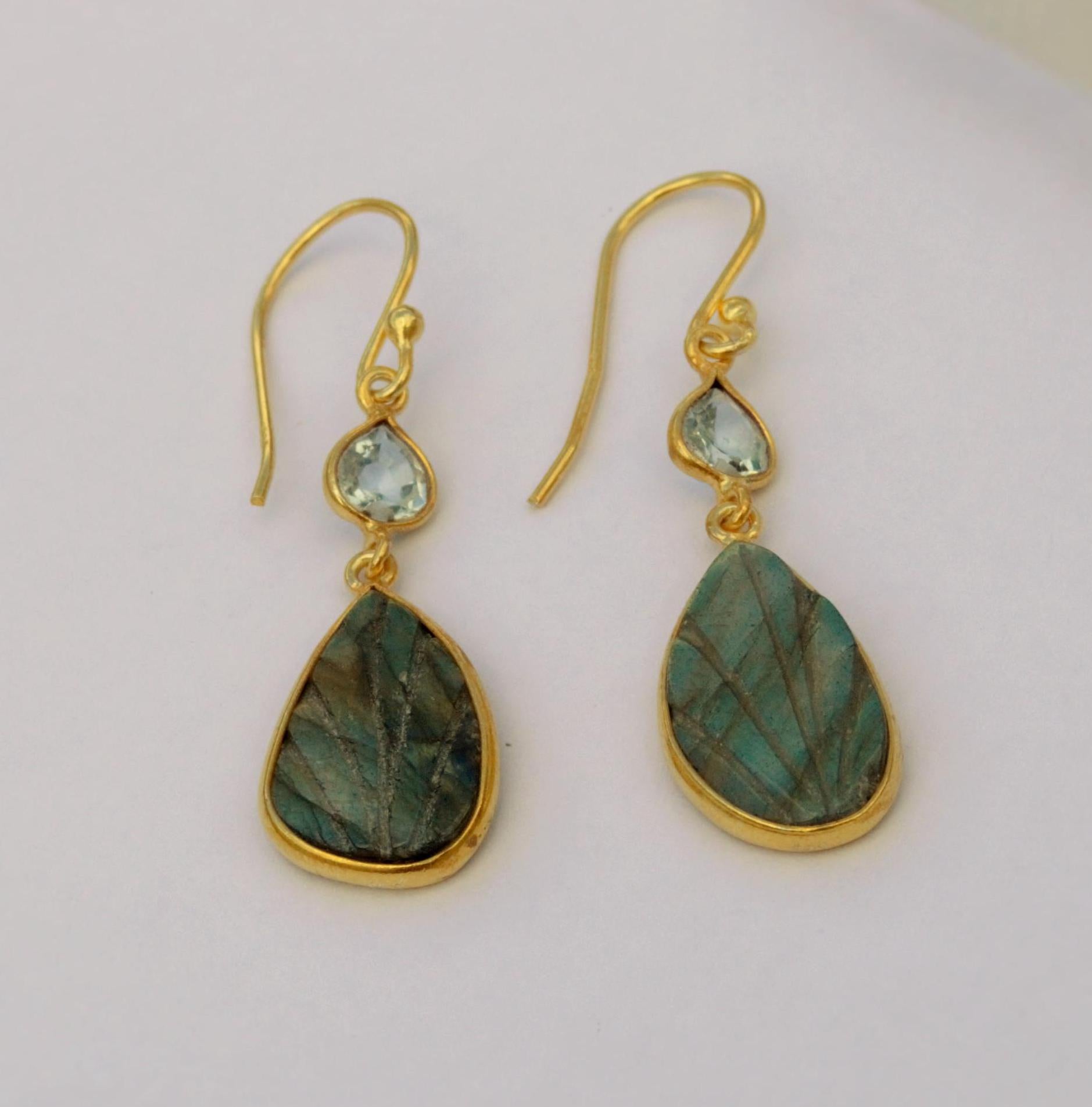 Labradorite, Blue Topaz Earrings, Dangle Drop Gemstone Earrings, Unique Gold Plated Sterling Silver Earrings, December Birthstone Earrings