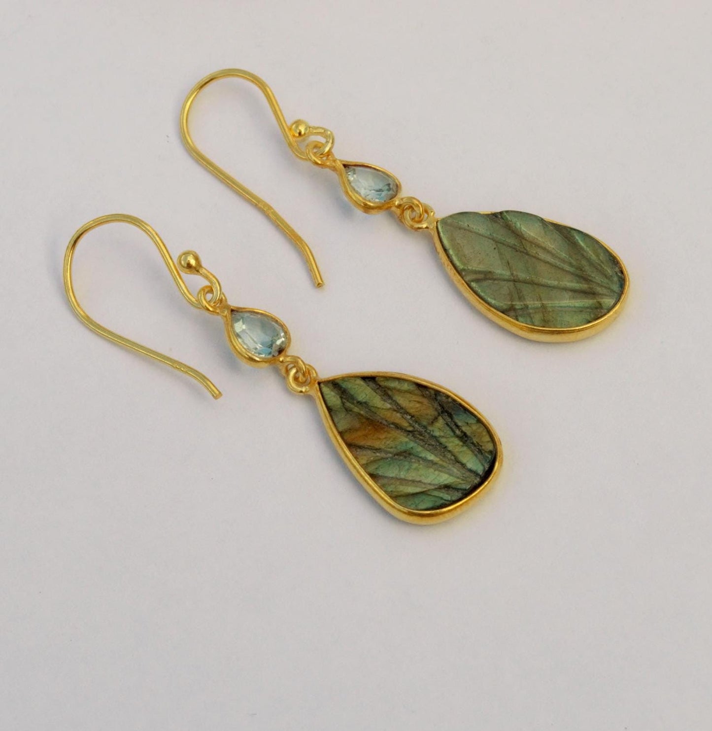 Labradorite, Blue Topaz Earrings, Dangle Drop Gemstone Earrings, Unique Gold Plated Sterling Silver Earrings, December Birthstone Earrings