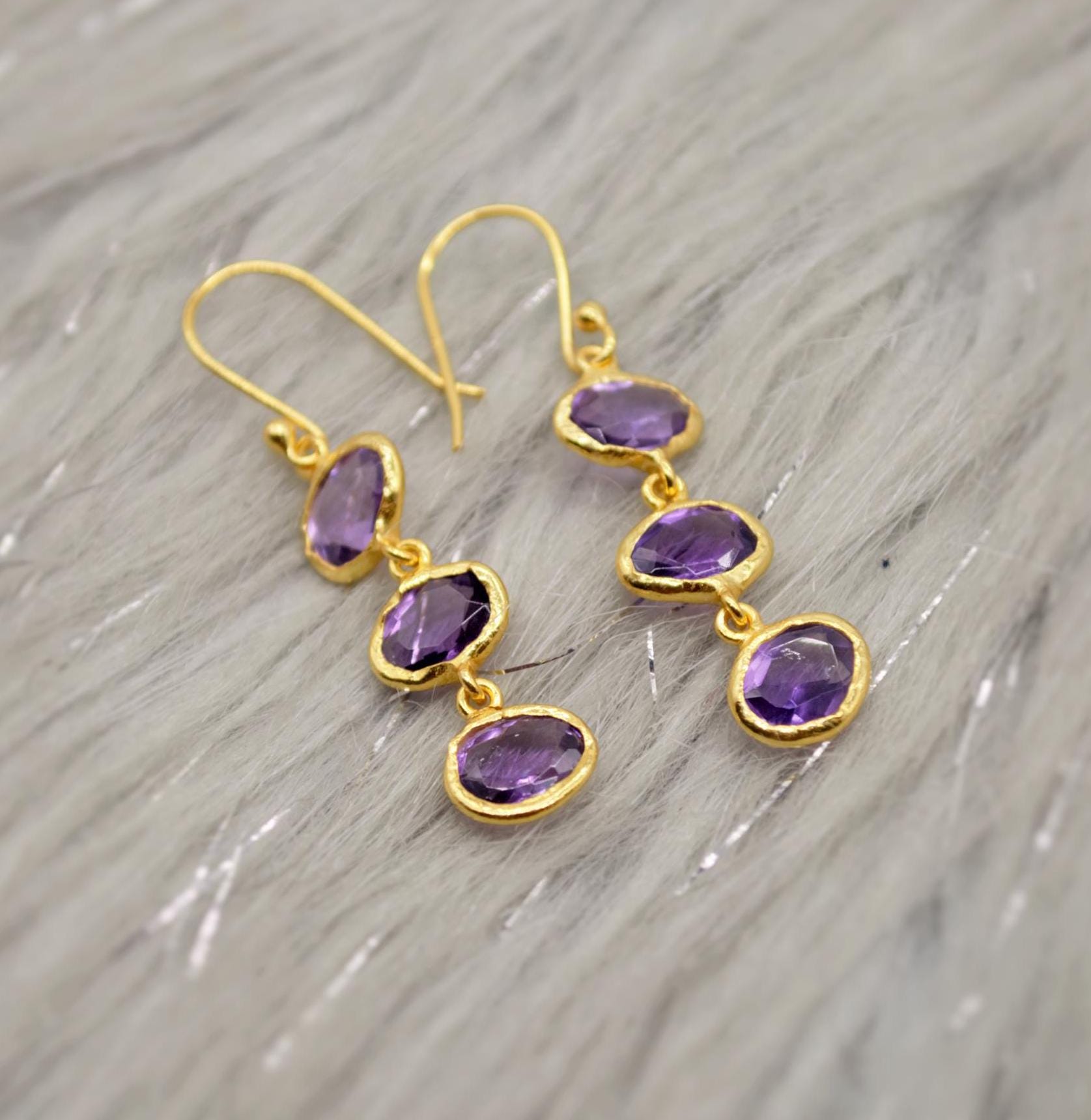 Amethyst Sterling Silver Drop Earrings, February Birthstone Earrings, Amethyst Gold Earrings, Dangle Drop Handmade Gemstone Earrings