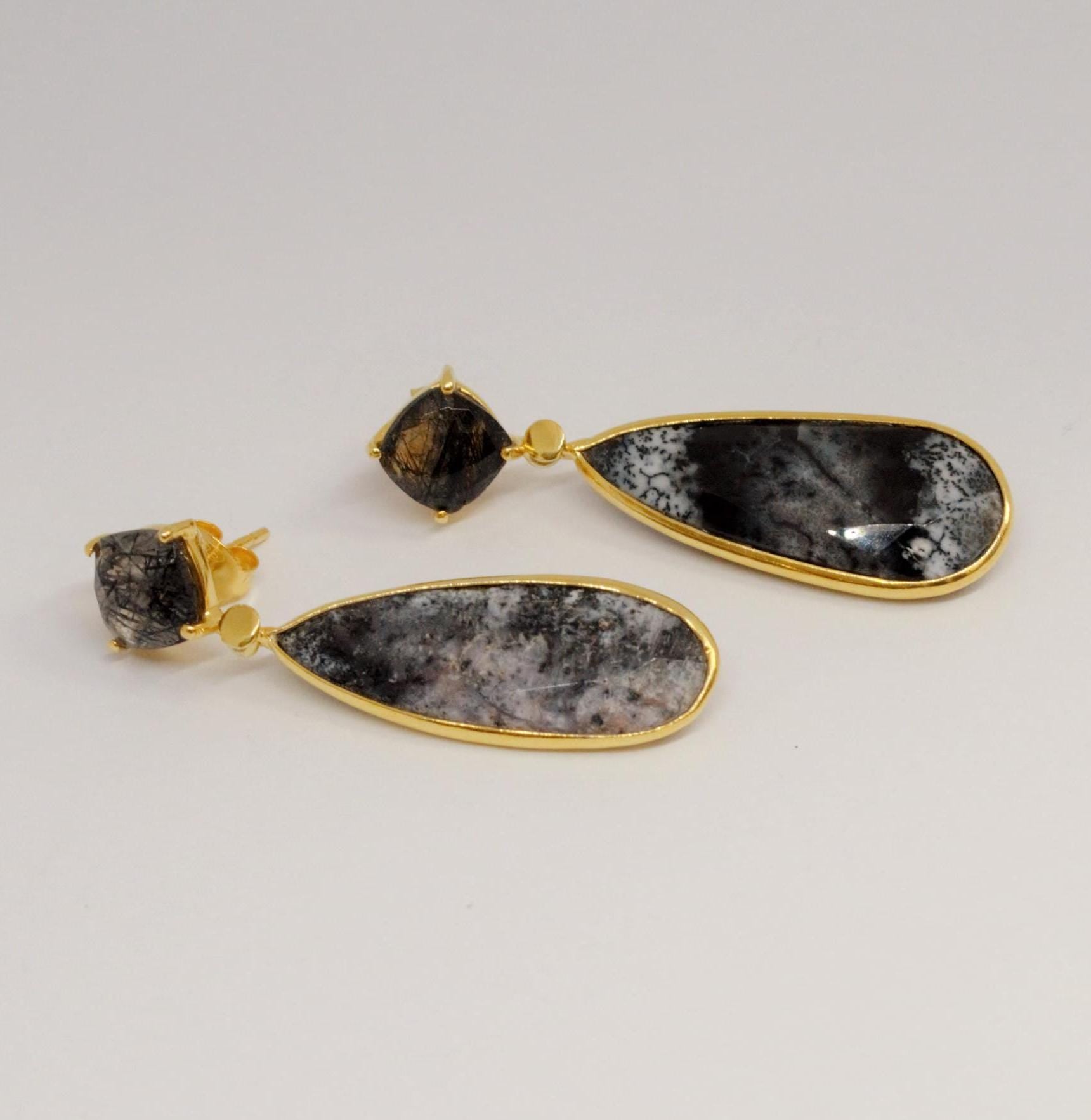 Black Rutilated Quartz Dendritic Opal Earrings, Gold Earrings, Gold Plated Sterling Silver, Gemstone Earrings