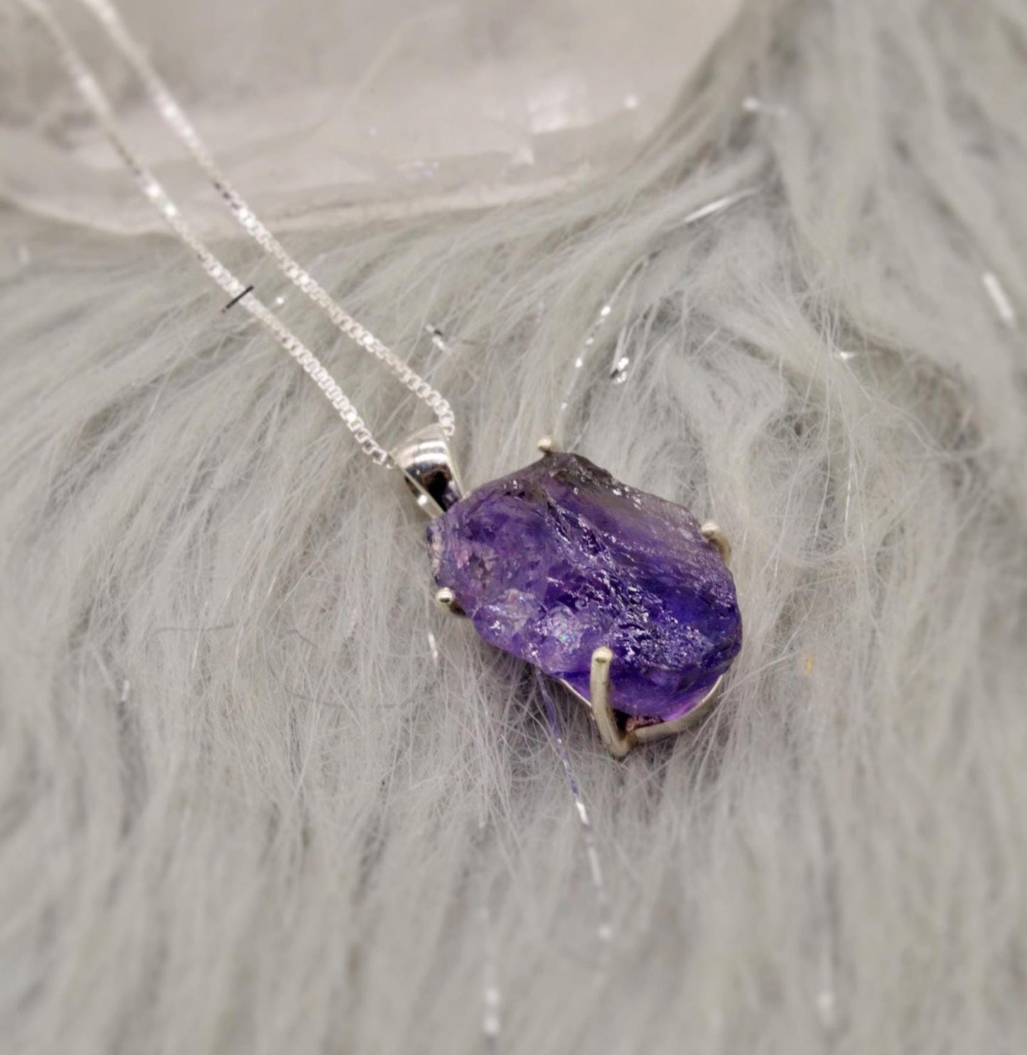 Raw Amethyst Chain Pendant Necklace, Rough Cut Amethyst Necklace, February Birthstone, Raw Gemstone, Sterling Silver, Birthday Gifts For Her