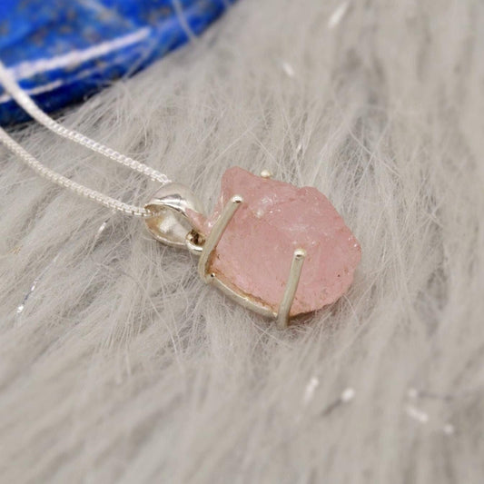 Raw Rose Quartz Chain Pendant Necklace, Rough Cut Rose Quartz Necklace, Dainty Gemstone, Sterling Silver, Birthday Gifts For Her