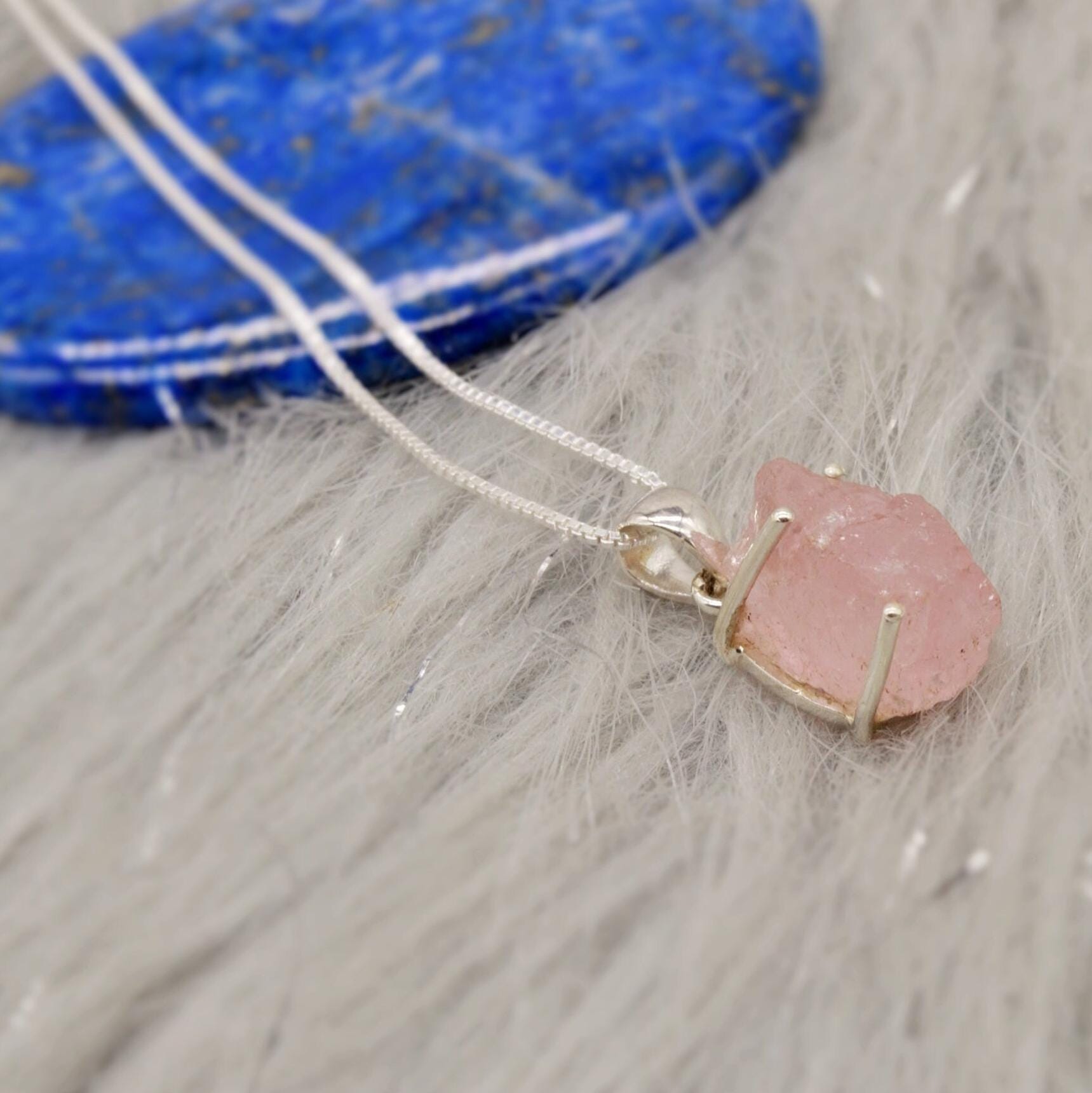 Raw Rose Quartz Chain Pendant Necklace, Rough Cut Rose Quartz Necklace, Dainty Gemstone, Sterling Silver, Birthday Gifts For Her