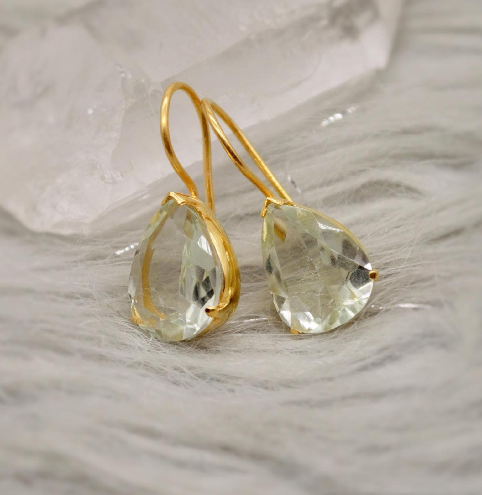 Green Amethyst Gold Earrings, Gold Plated Sterling Silver, February Birthstone Jewelry, Drop Earrings, Gemstone Dangle, Friend Birthday Gift