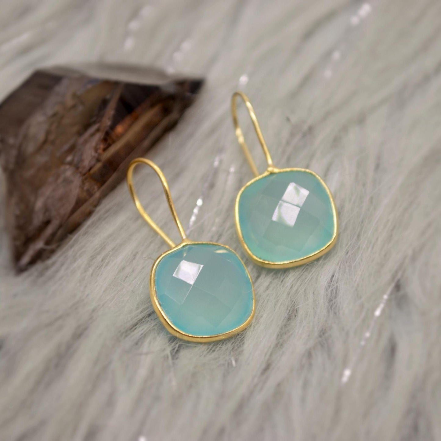 Gold Aqua Chalcedony Earrings, Blue Dangle Earrings, Chalcedony Jewelry, Gold Plated Unique Earrings, Birthday Gift For Her, Bridesmaid Gift