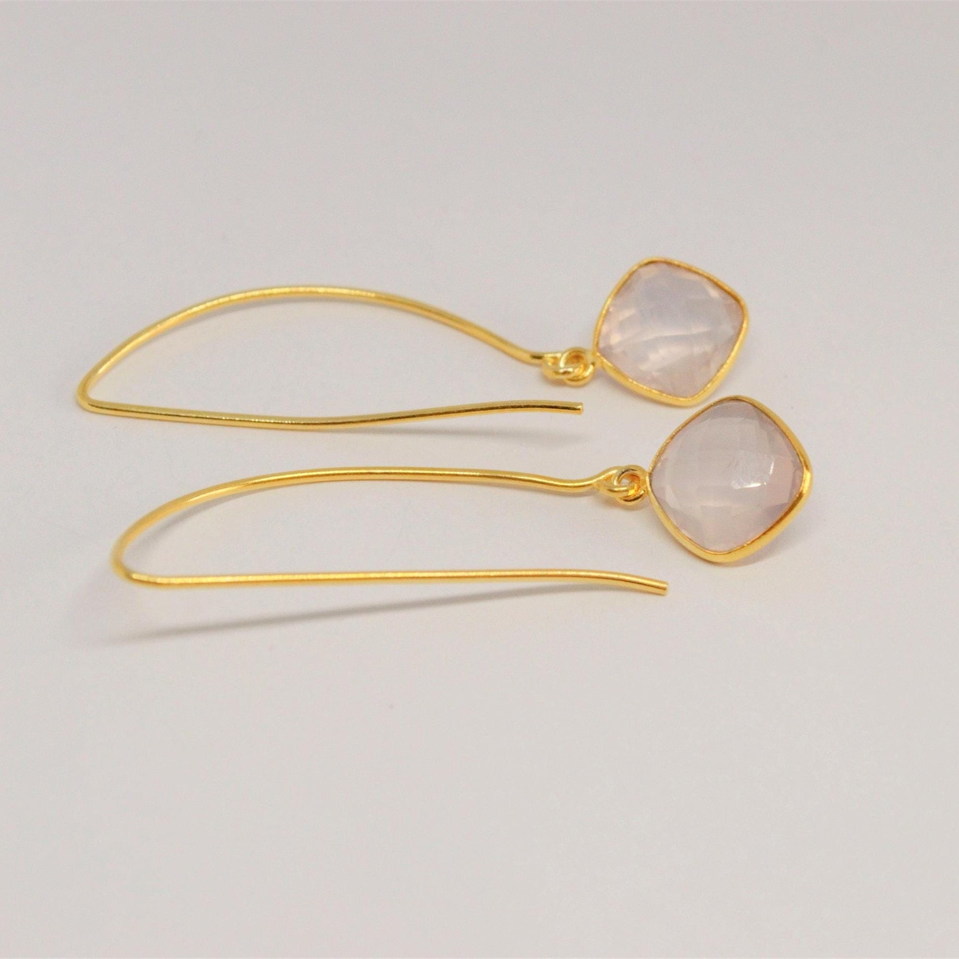 Rose Quartz Gold Earrings, Gold Plated Gemstone Earrings, Unique Dangle Drop Earrings, Birthday Gifts For Her