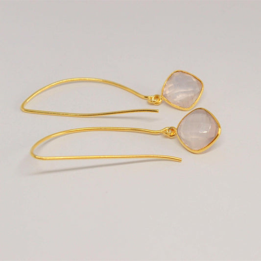 Rose Quartz Gold Earrings, Gold Plated Gemstone Earrings, Unique Dangle Drop Earrings, Birthday Gifts For Her