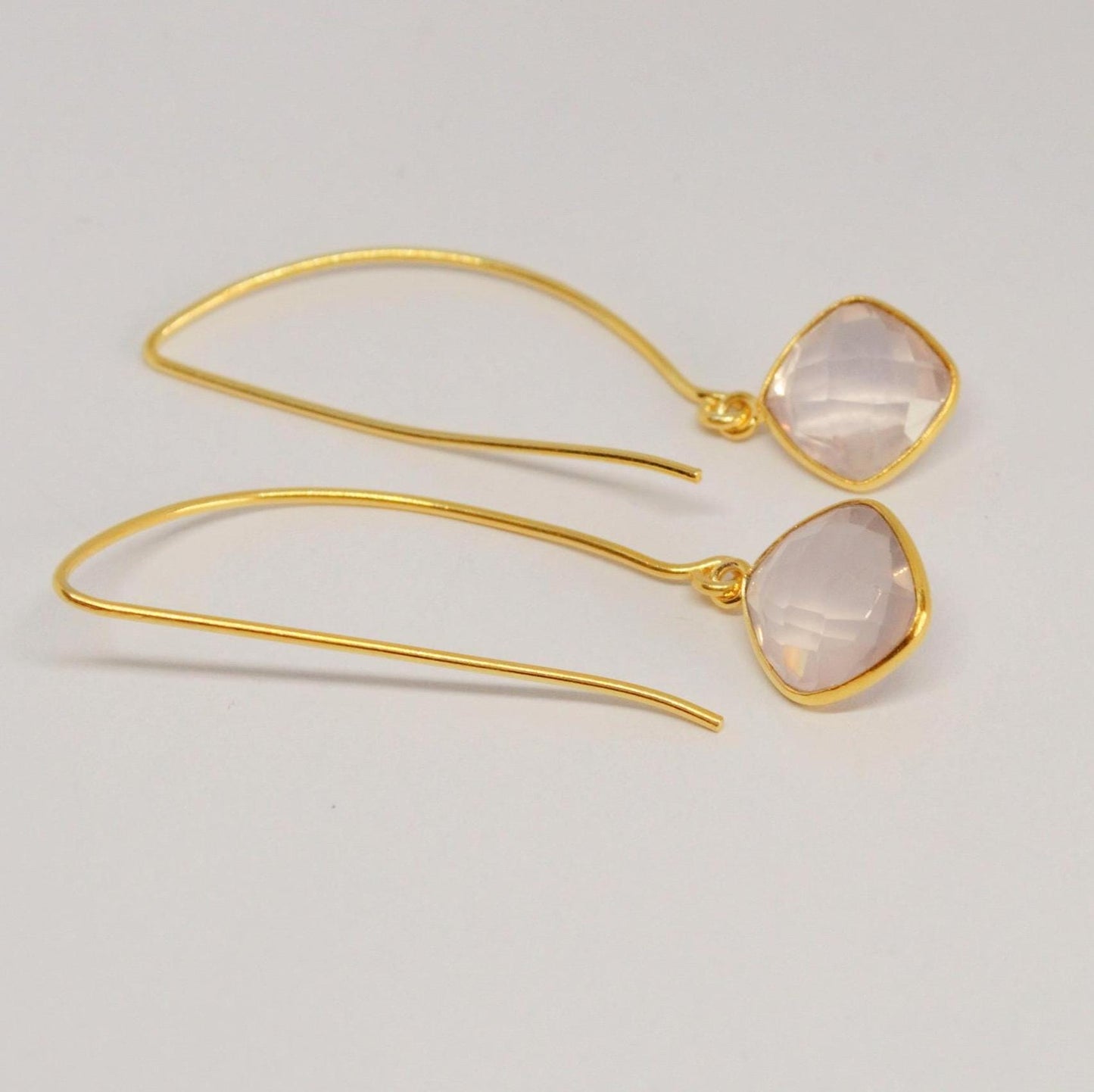 Rose Quartz Gold Earrings, Gold Plated Gemstone Earrings, Unique Dangle Drop Earrings, Birthday Gifts For Her