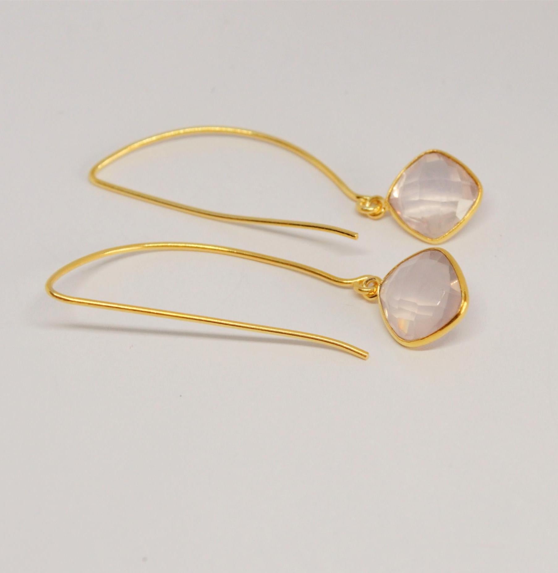 Rose Quartz Gold Earrings, Gold Plated Gemstone Earrings, Unique Dangle Drop Earrings, Birthday Gifts For Her