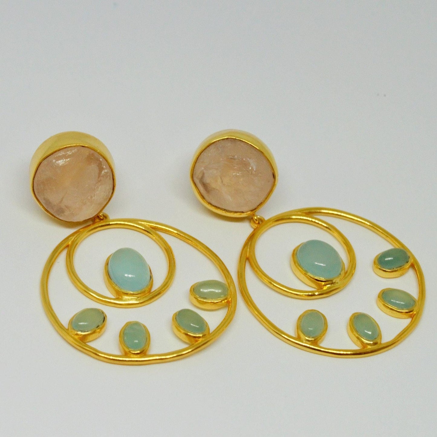 Rose Quartz, Aqua Blue Chalcedony Earrings, Gold Plated Sterling Silver Gemstone Earrings, Unique Hoops, Birthday Gifts For Her