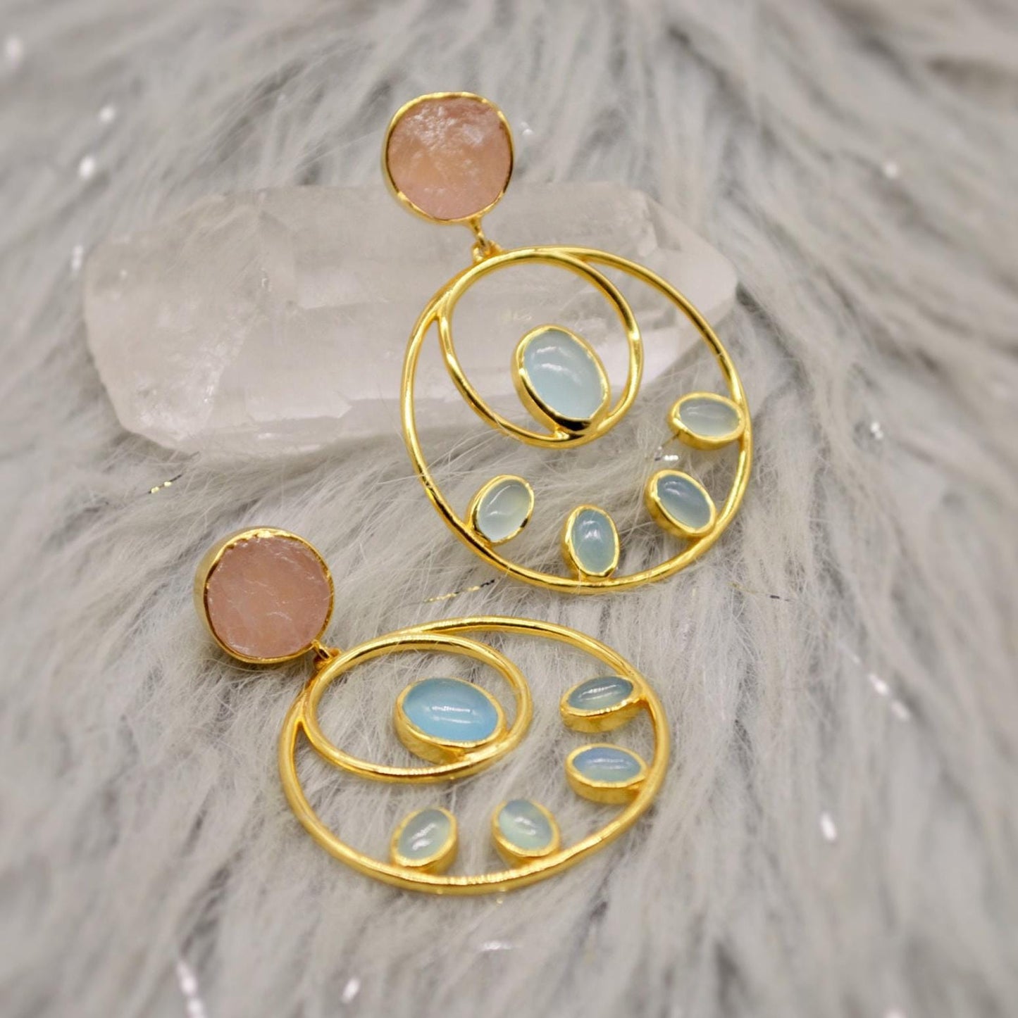 Rose Quartz, Aqua Blue Chalcedony Earrings, Gold Plated Sterling Silver Gemstone Earrings, Unique Hoops, Birthday Gifts For Her