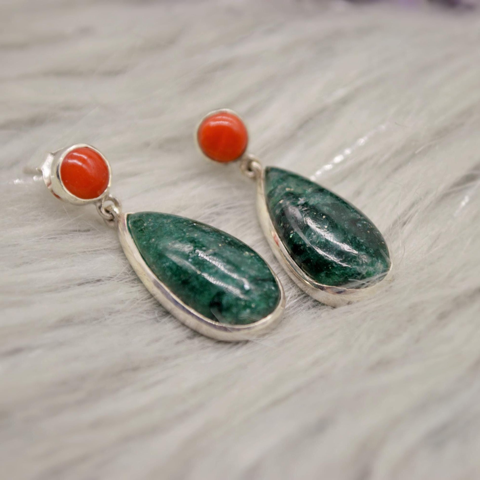 Green Emerald, Coral Dangle Drop Earrings, Sterling Silver Earrings, May Birthstone, Christmas, Birthday Gifts, Green Gemstone Earrings