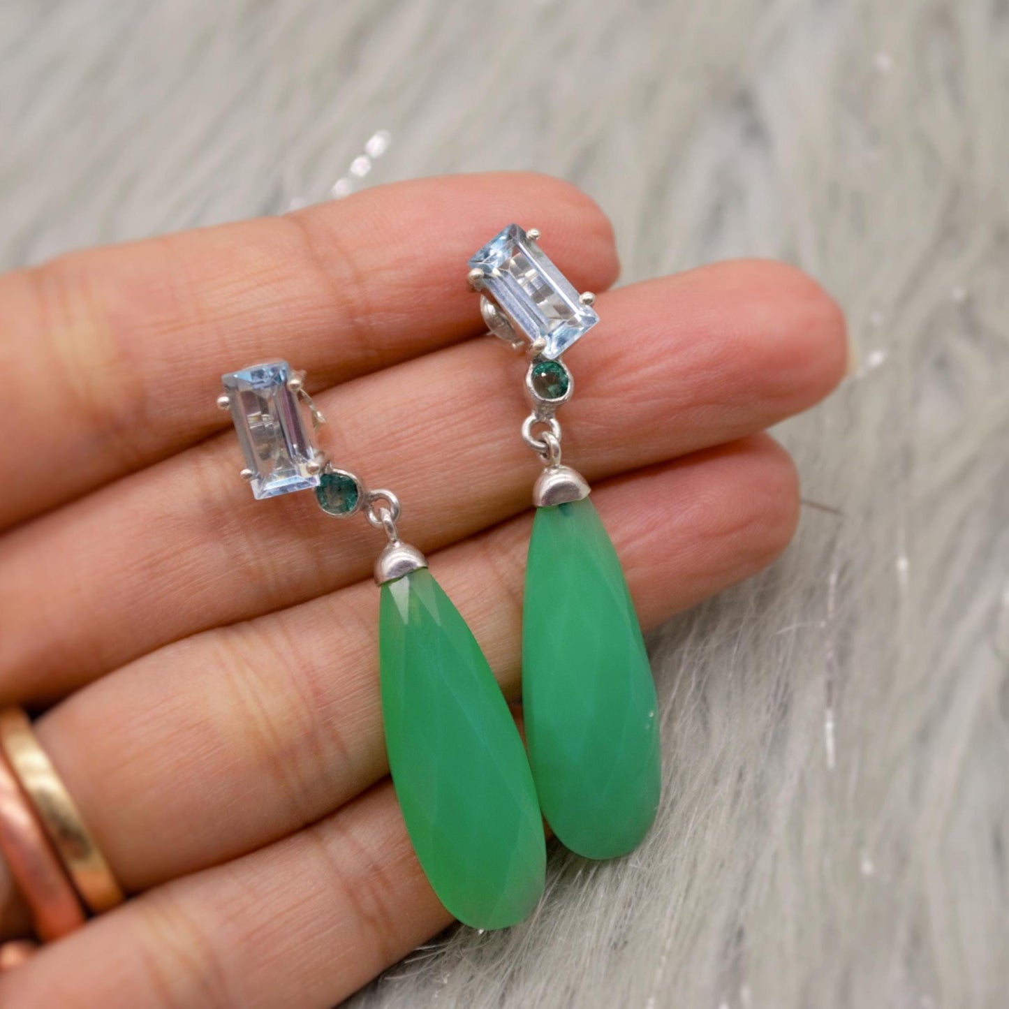 Green Chalcedony, Emerald Earrings, Iolite, Blue Topaz Sterling Silver Gemstone Earrings, February Birthstone, Birthday Gifts, Bridesmaid