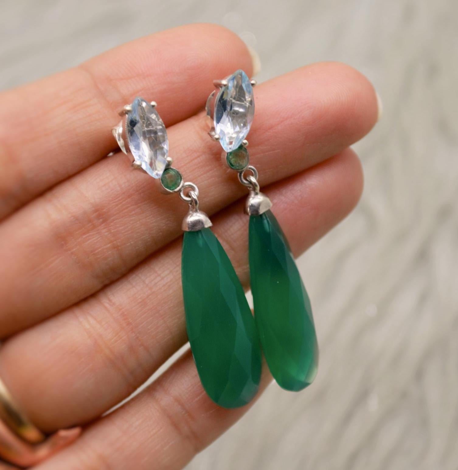 Green Onyx, Blue Topaz, Emerald Earrings, Sterling Silver Gemstone Earrings, May, December Birthstone Earrrings, Birthday Gifts For Her