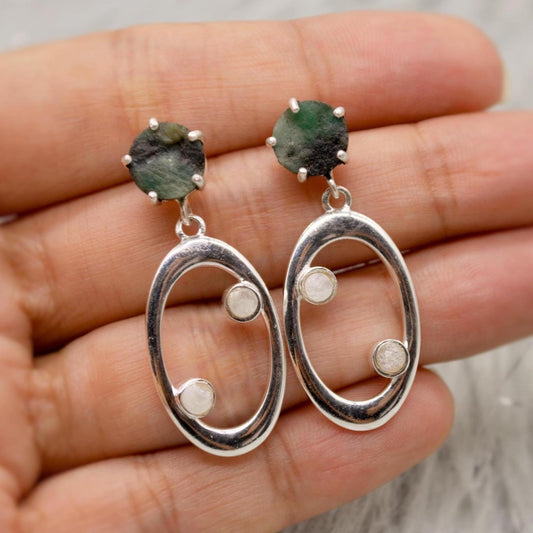 Emerald, Moonstone Silver Earrings, Emerald Jewelry, May Birthstone, Minimalist Green Earrings, Unique Sterling Silver Drop Earrings