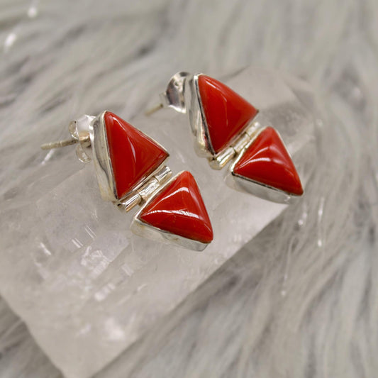 Red Coral Sterling Silver Earrings, Dainty Triangle Earrings, Minimalist Gemstone Earrings, Coral Jewelry, Christmas Gifts for Her