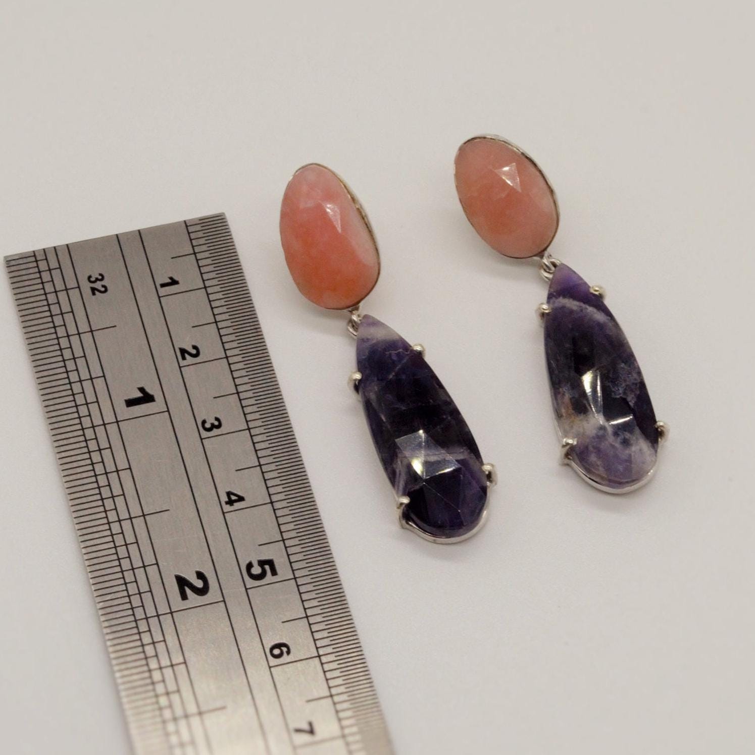 Pink Opal, Purple Amethyst Silver Earrings, February, October Birthstone, Dangle Drop Earrings, Birthday Gift For Her, Blue Peacock Earrings