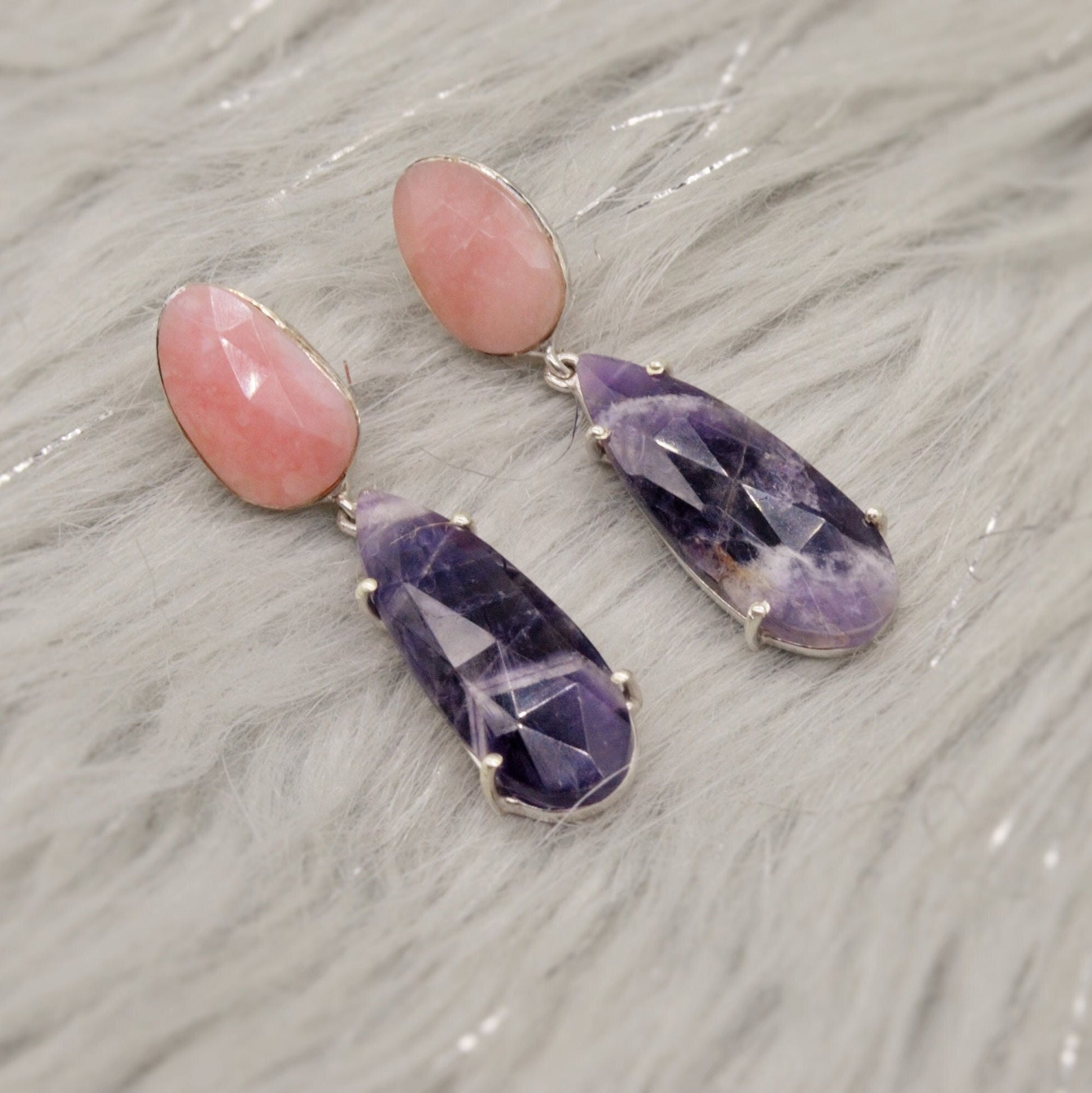 Pink Opal, Purple Amethyst Silver Earrings, February, October Birthstone, Dangle Drop Earrings, Birthday Gift For Her, Blue Peacock Earrings