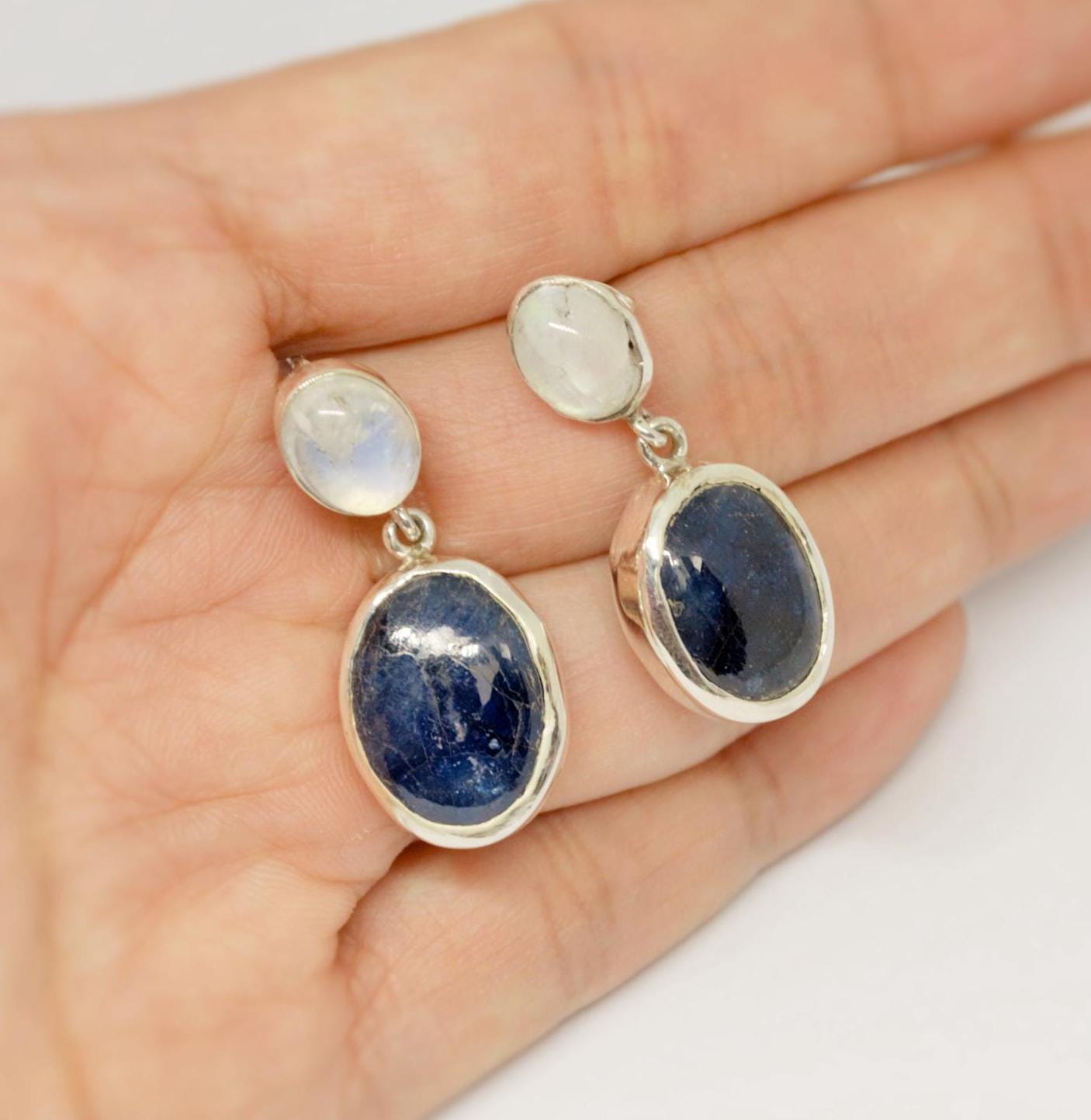 Moonstone, Sapphire Silver Earrings, Blue Dangle Gemstone Earrings, Sapphire Jewelry, September Birthstone, Gifts For Her, 925 Silver