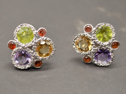 Citrine, Peridot, Amethyst, Garnet Silver Stud Earrings