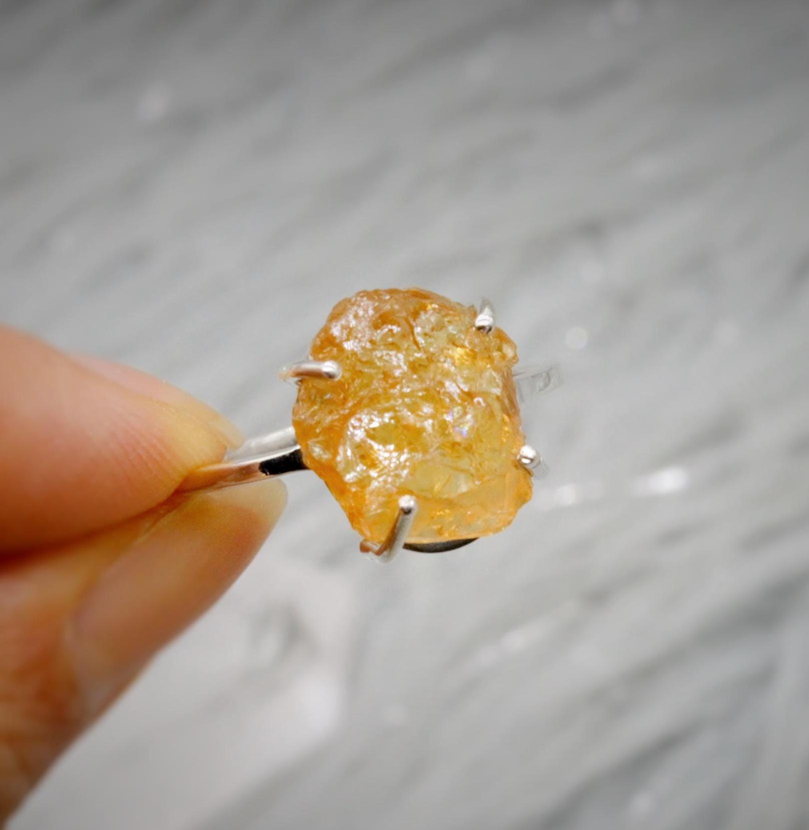 Raw Citrine Ring, Sterling Silver Dainty Gem Ring, Birthstone Rings, Yellow Ring November Birthstone, Gemstone Rings For Women, Gift For Her