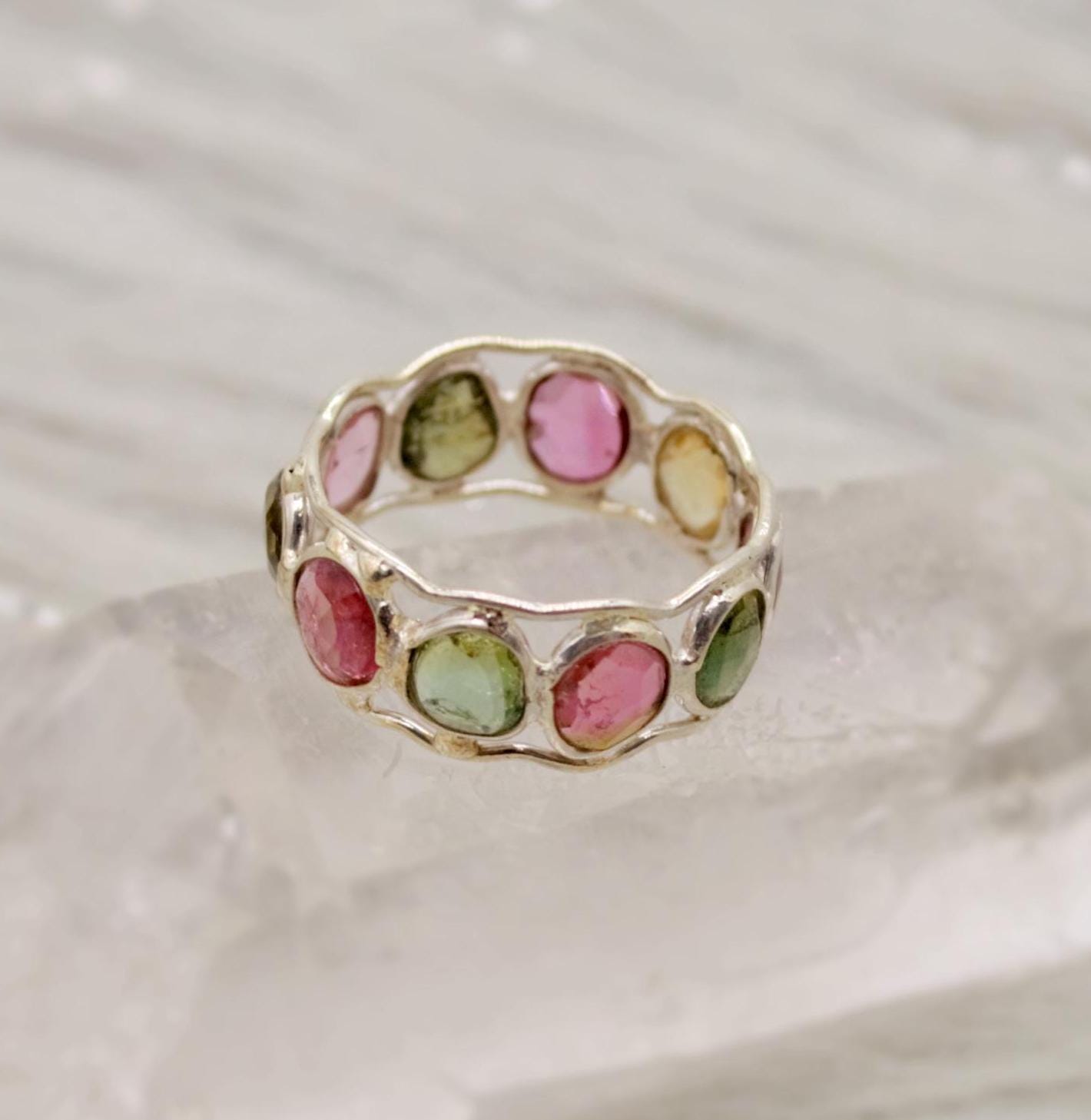 Tourmaline Ring, Stacking Silver Ring, Raw Gem Ring, Green, Pink Tourmaline Jewelry, Rings for Women, October Birthstone, Gift for Her