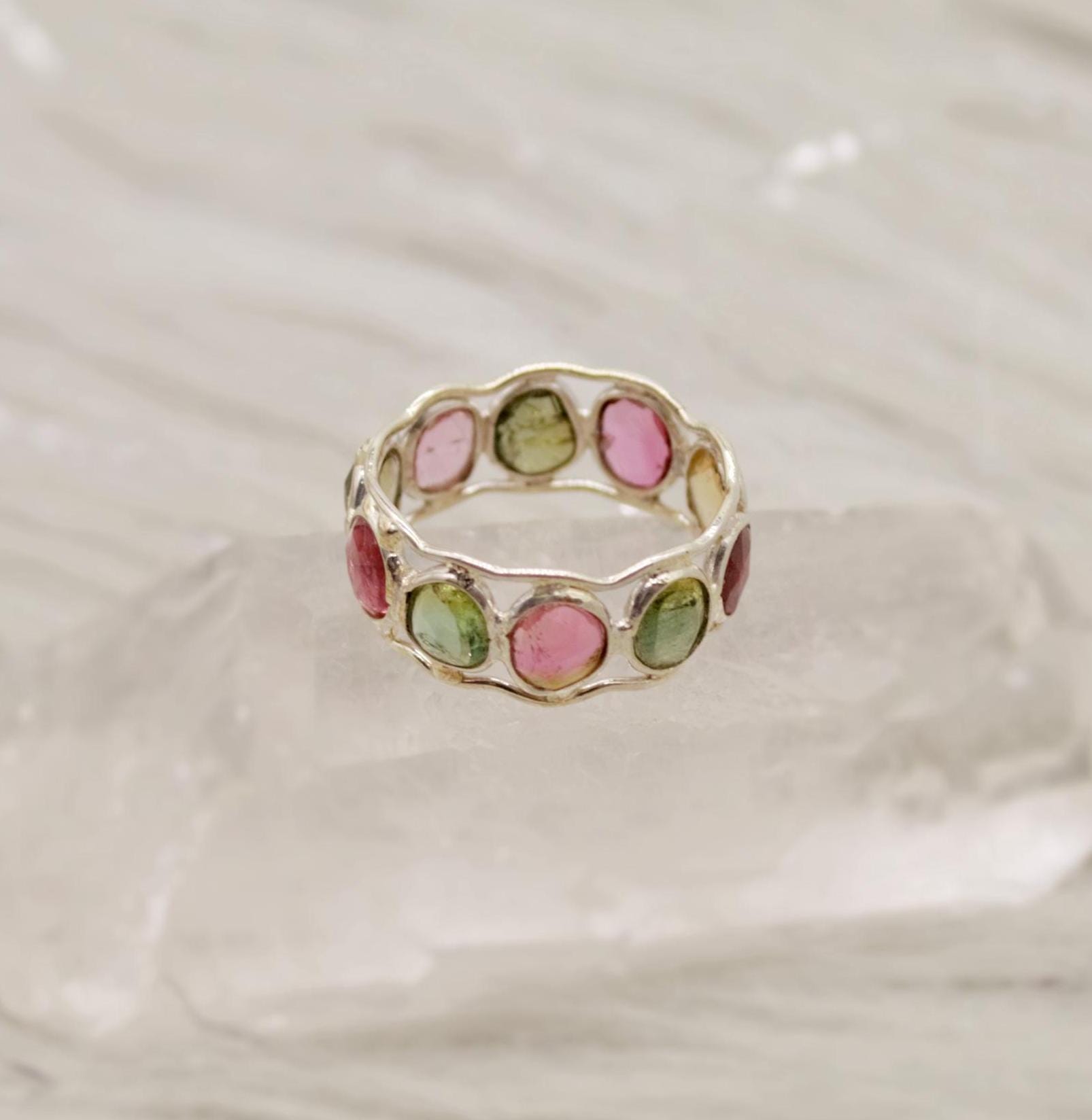 Tourmaline Ring, Stacking Silver Ring, Raw Gem Ring, Green, Pink Tourmaline Jewelry, Rings for Women, October Birthstone, Gift for Her