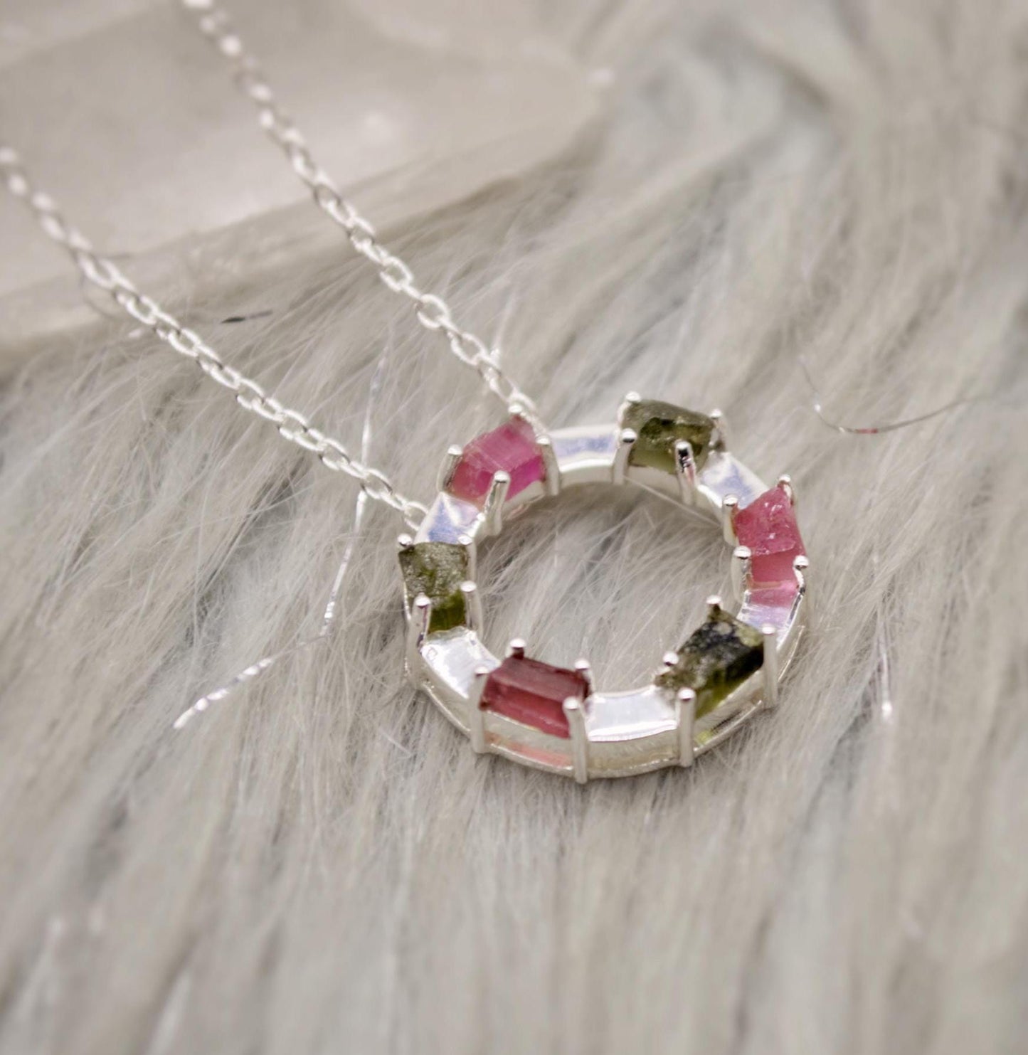 Green, Pink Tourmaline Pendant Necklace, Sterling Silver Chain Necklace, October Birthstone, Gemstone Necklace Gift For Her