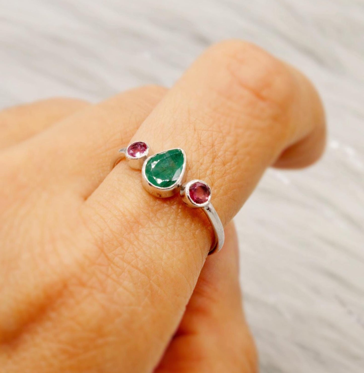 Pink Tourmaline, Emerald Silver Ring, Sterling Silver Emerald Jewelry, May, October Birthstone Ring, Stackable Rings For Women