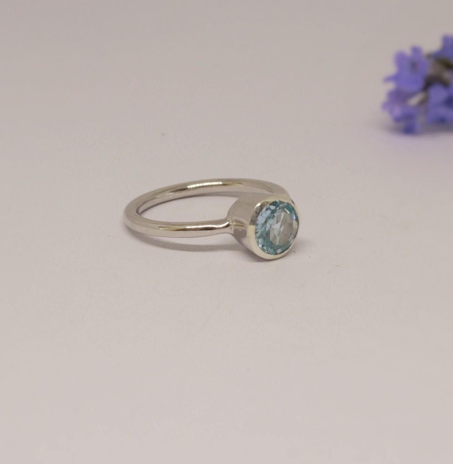 Blue Topaz Ring In 925 Sterling Silver, Unique Dainty Gem Ring, Statement Rings For Women, UK size O, December Birthstone, Gift For Her